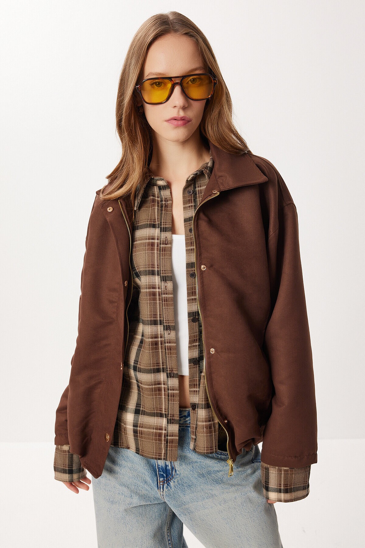 Oversize Suni Süet Bomber Ceket KAHVERENGİ LAN0081