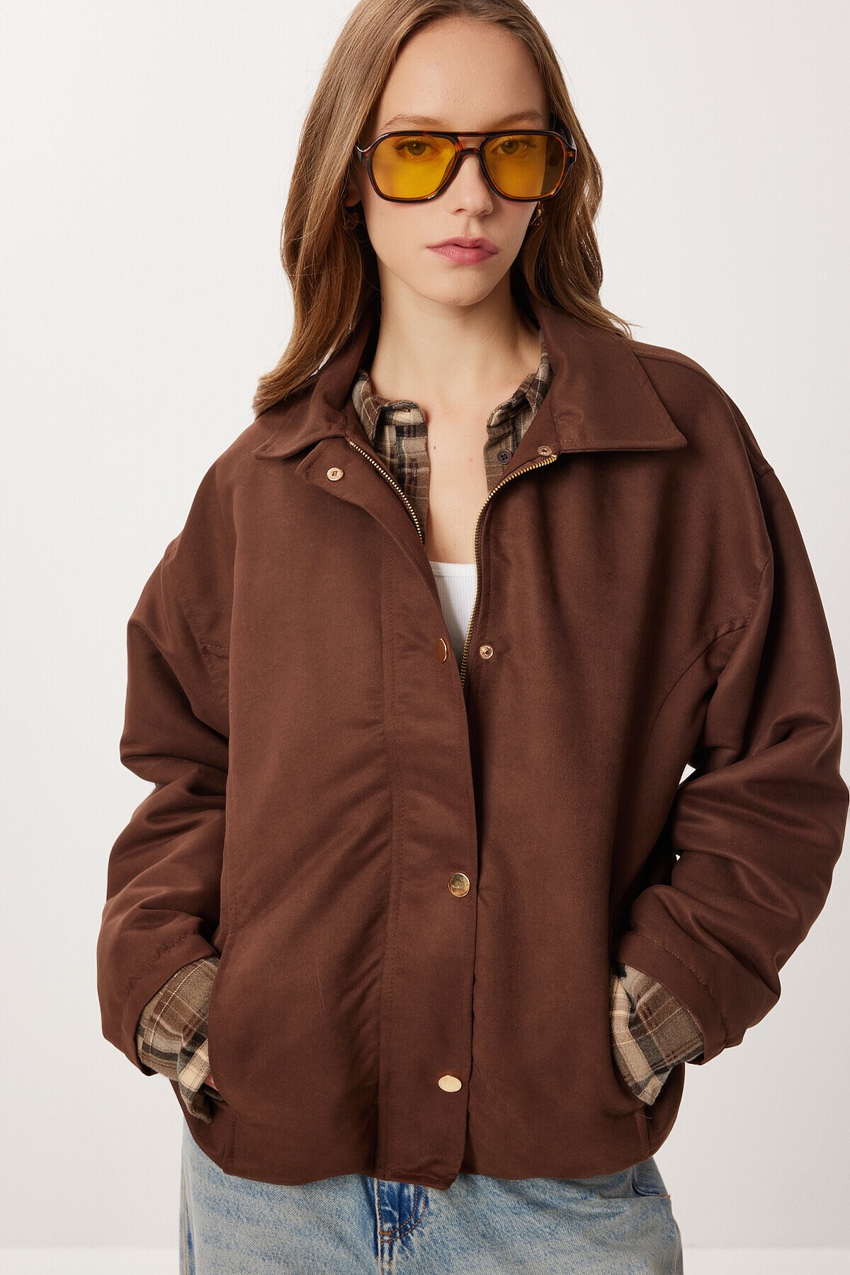 Oversize Suni Süet Bomber Ceket KAHVERENGİ LAN0081