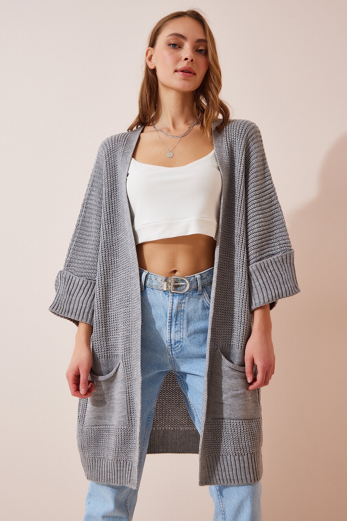 Oversize Uzun Cepli Triko Hırka GRİ LAS0007