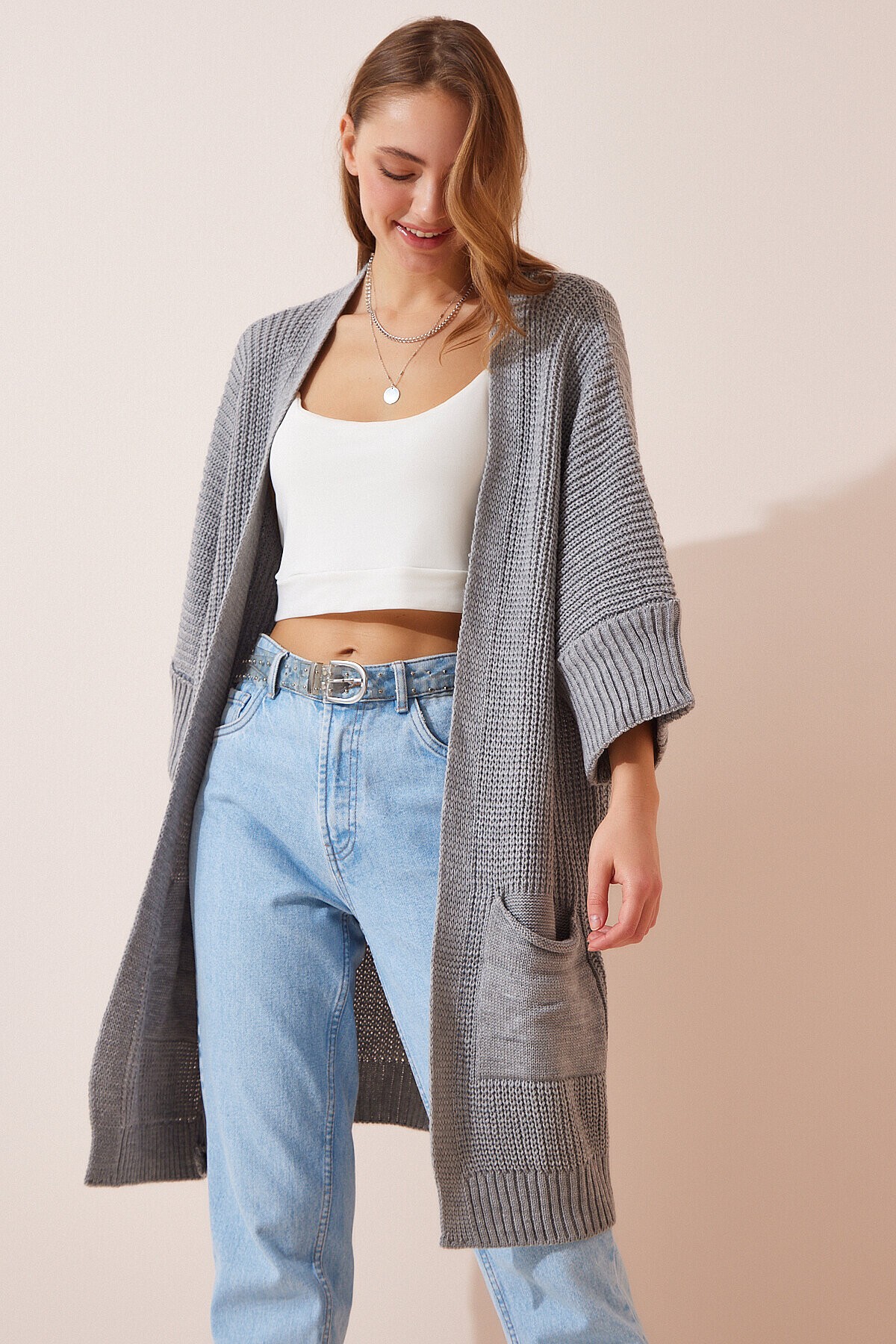 Oversize Uzun Cepli Triko Hırka GRİ LAS0007