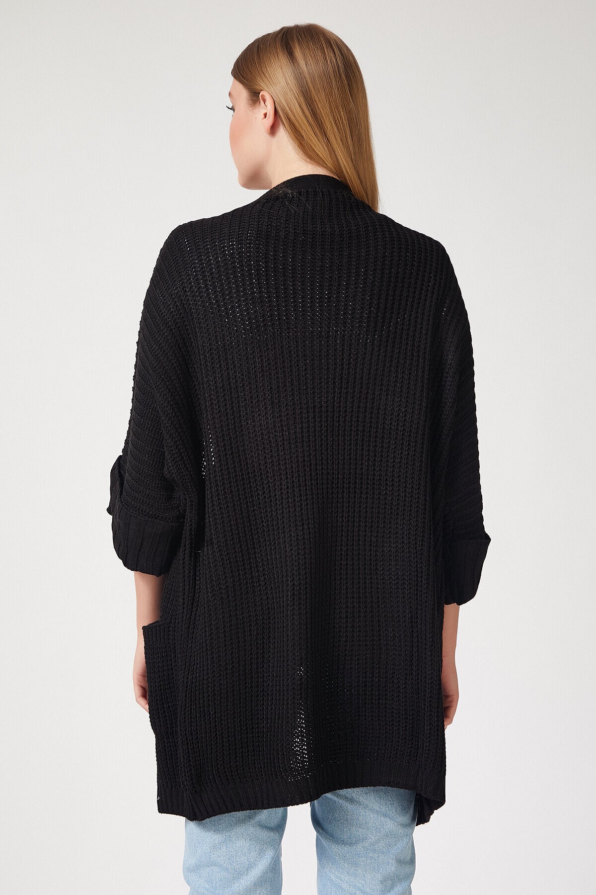 Oversize Uzun Cepli Triko Hırka SİYAH LAS0007