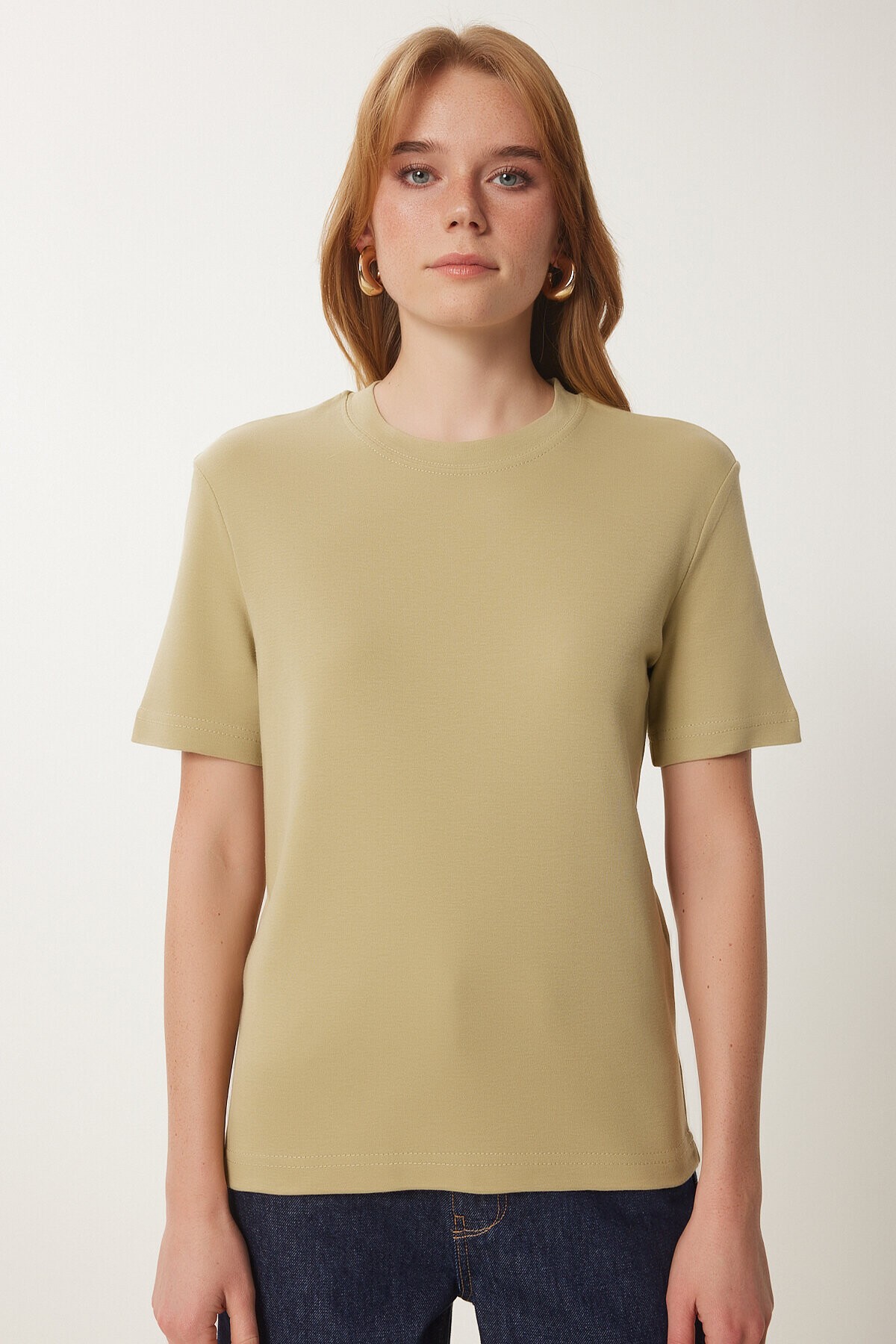 Pamuklu Basic Örme T-shirt BEJ LAG0001