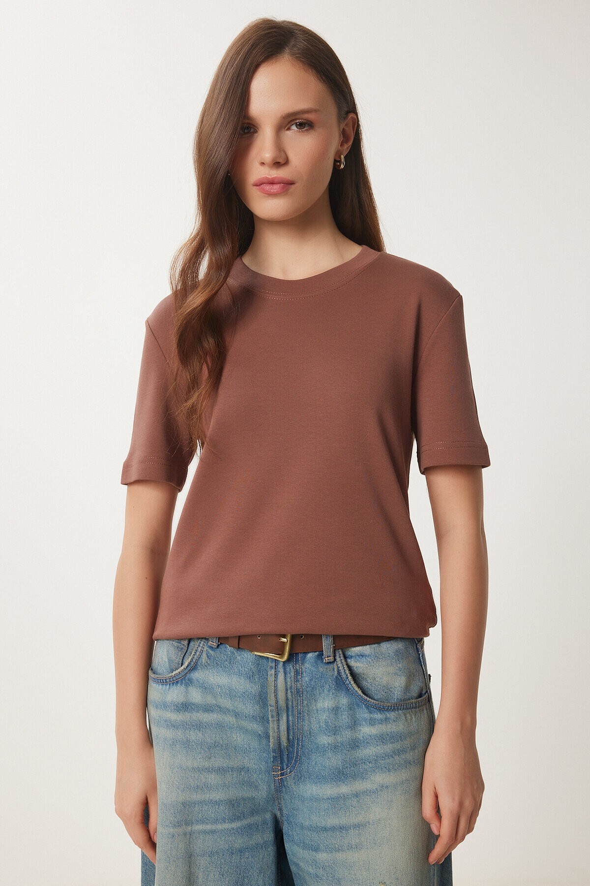 Pamuklu Basic Örme T-shirt KAHVERENGİ LAG0001
