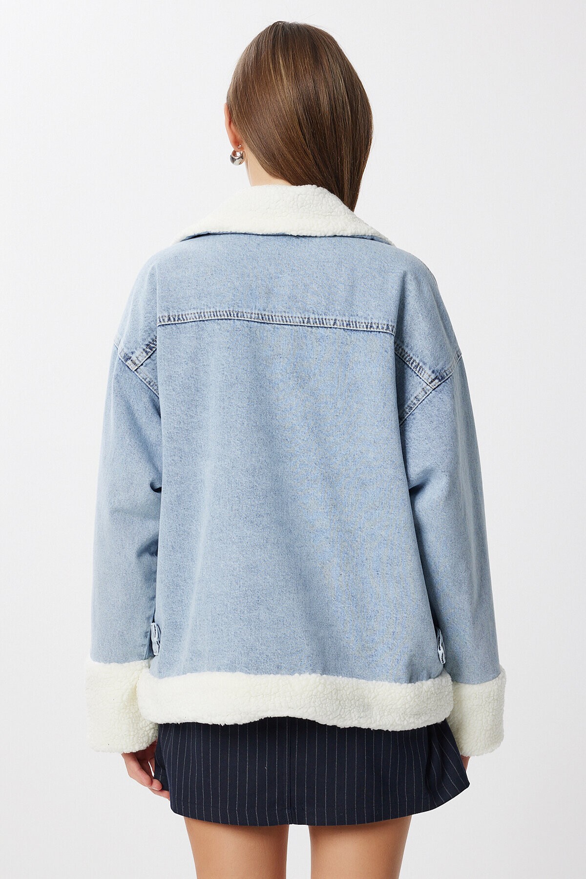 Peluş Detaylı Oversize Denim Ceket AÇIK MAVİ LAN0055