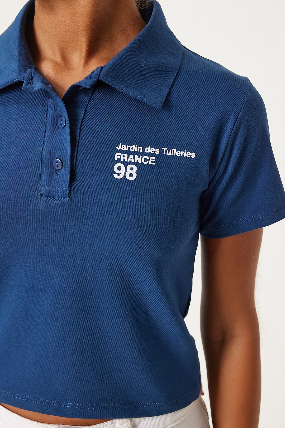 Polo Yaka Baskılı Crop Örme T-shirt LACİVERT LAN0009
