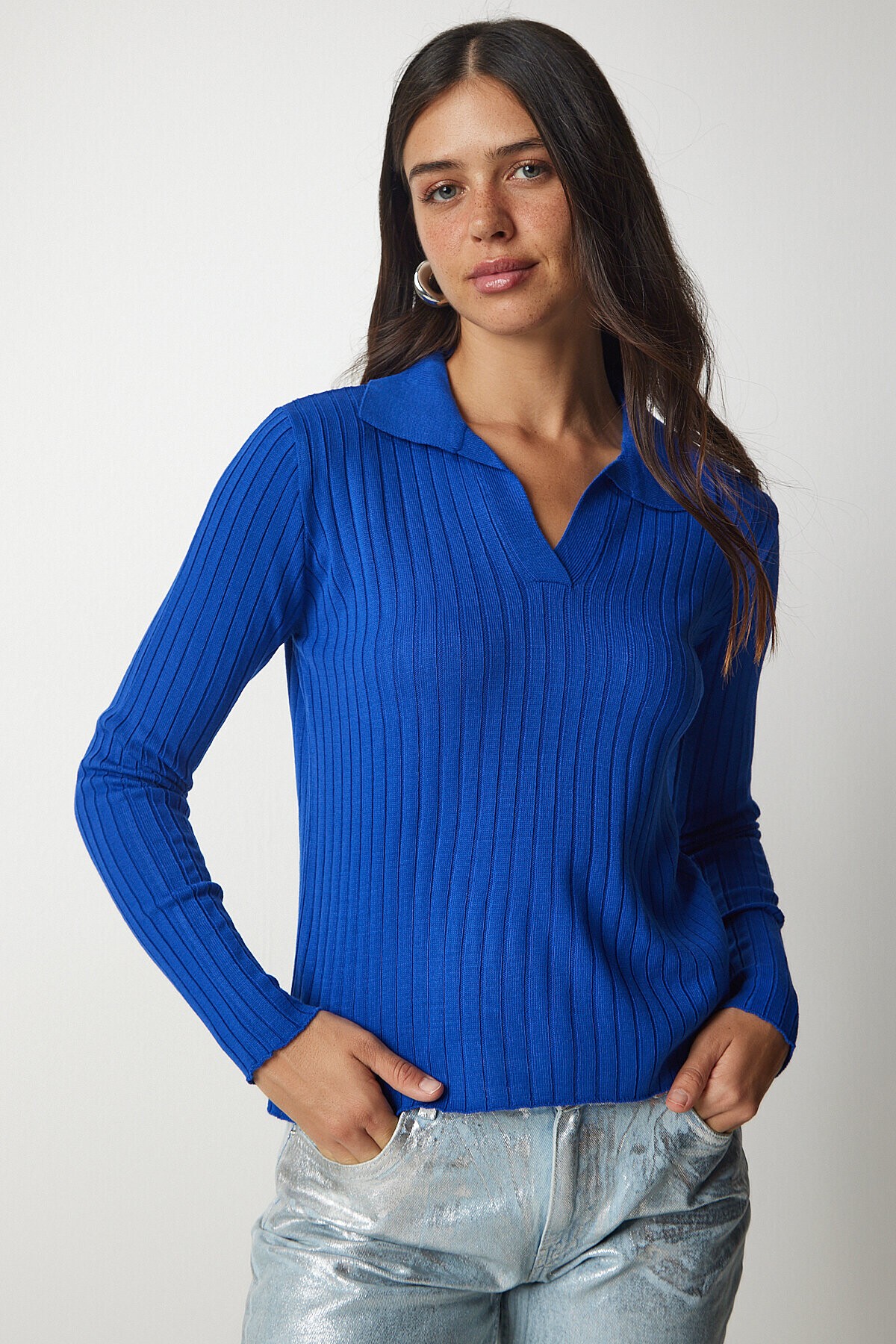 Polo Yaka Fitilli Triko Kazak KOYU MAVİ LBV0017