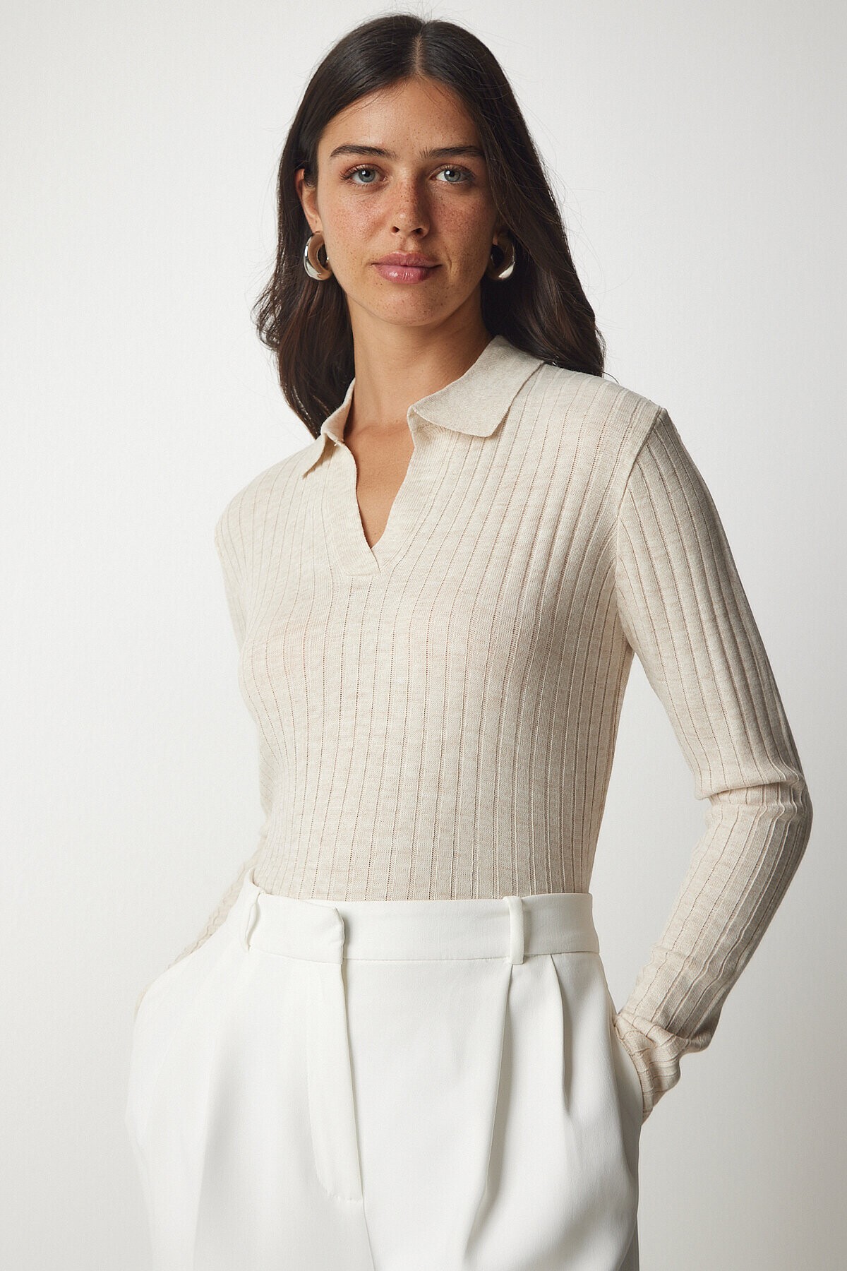 Polo Yaka Fitilli Triko Kazak KREM LBV0017