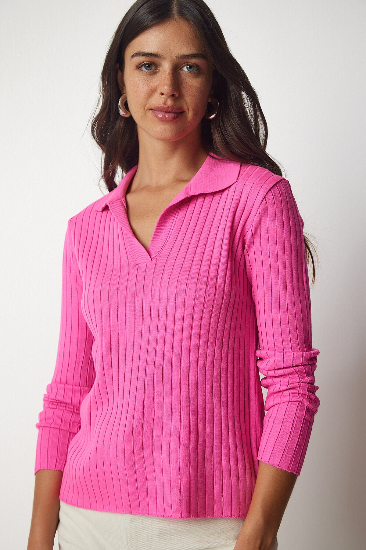 Polo Yaka Fitilli Triko Kazak PEMBE LBV0017