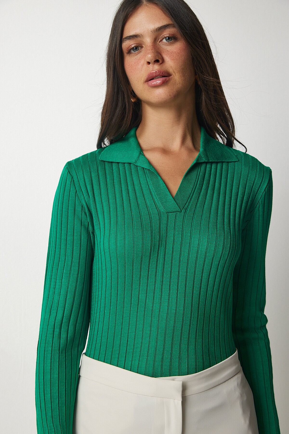 Polo Yaka Fitilli Triko Kazak YEŞİL LBV0017