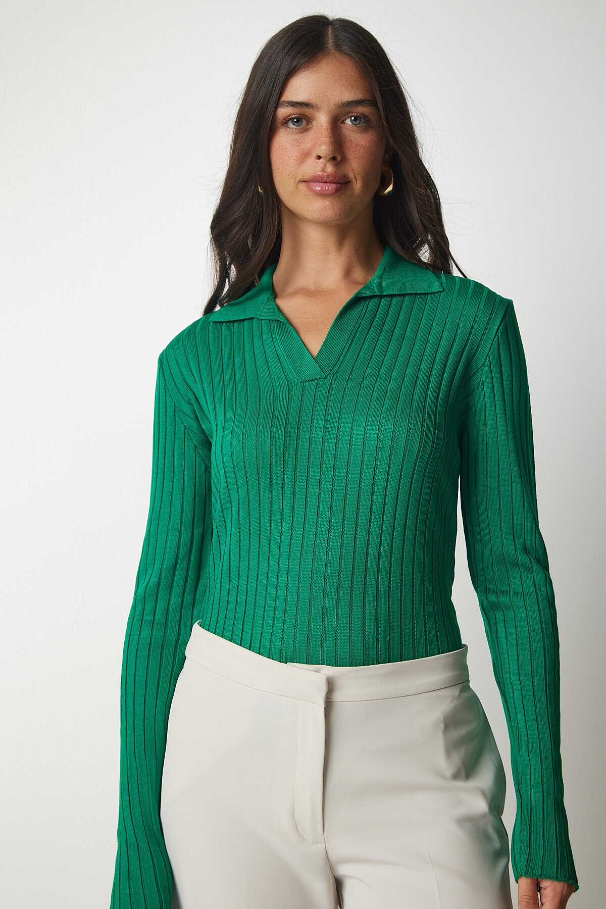Polo Yaka Fitilli Triko Kazak YEŞİL LBV0017