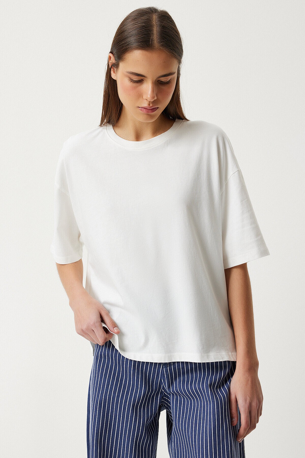 Premium Basic Oversize Örme T-shirt BEYAZ LAH0001