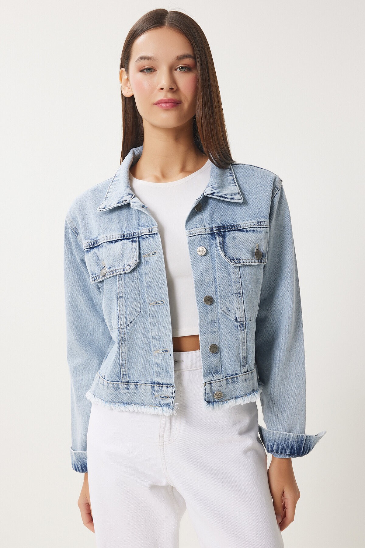 Püskül Detaylı Denim Ceket AÇIK MAVİ LAN0018