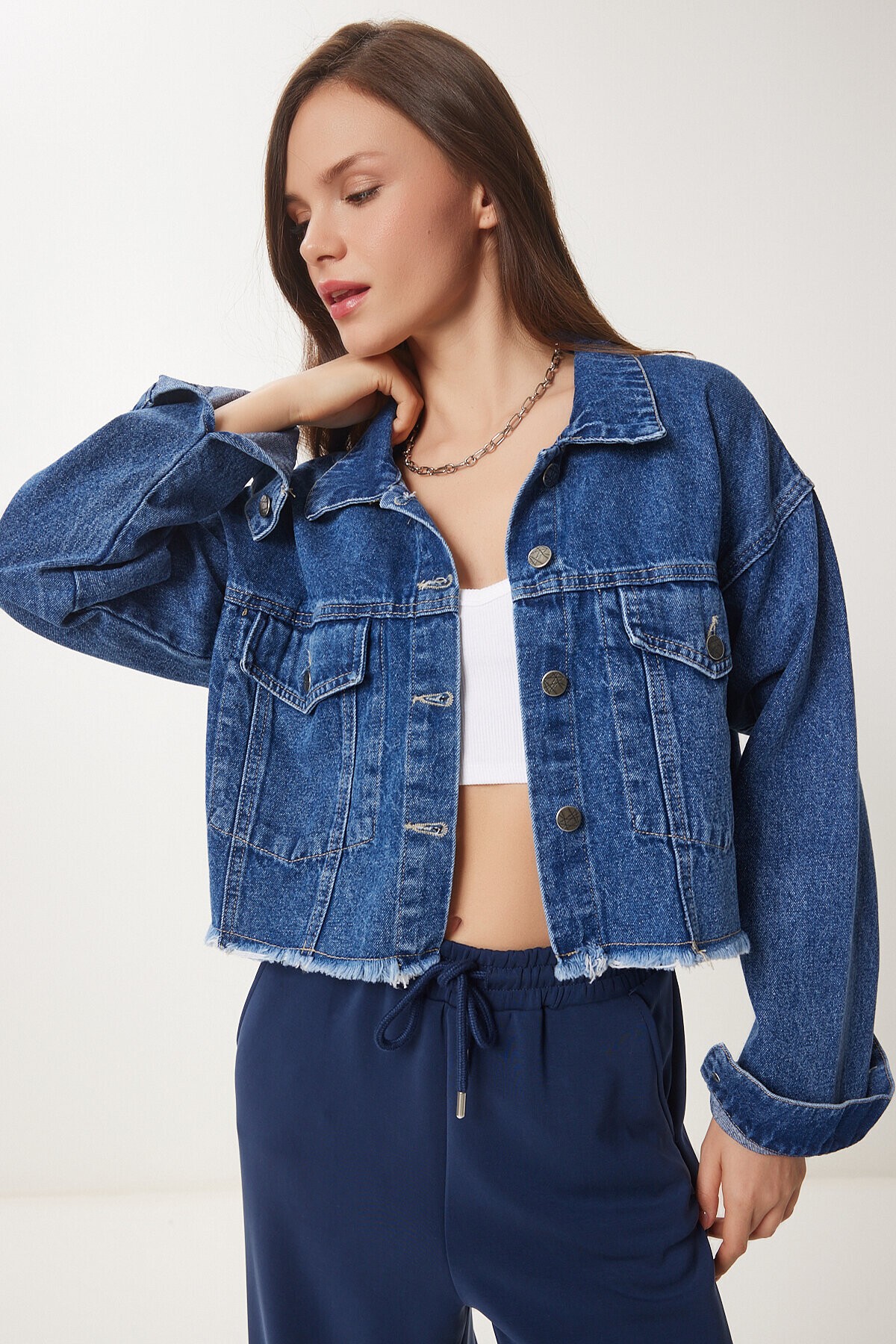 Püskül Detaylı Denim Crop Ceket MAVİ LAN0014