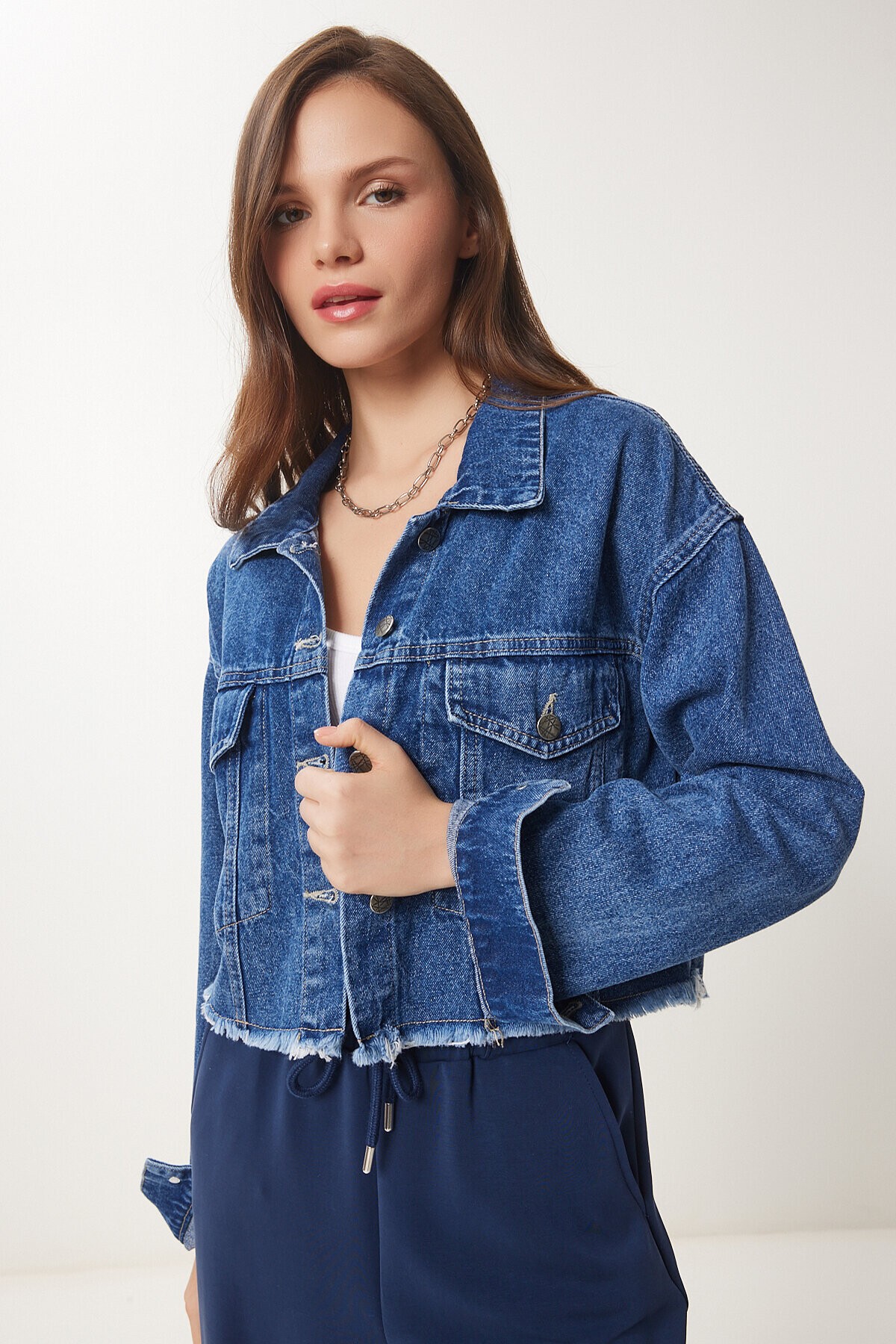 Püskül Detaylı Denim Crop Ceket MAVİ LAN0014