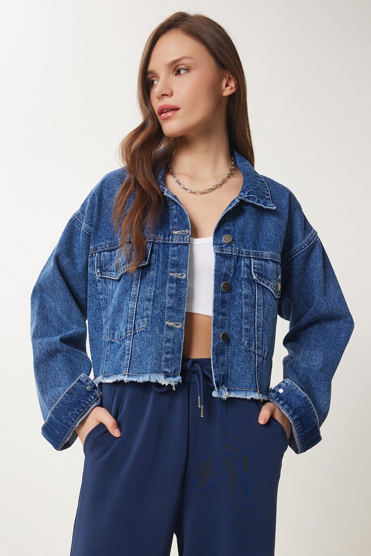 Püskül Detaylı Denim Crop Ceket MAVİ LAN0014