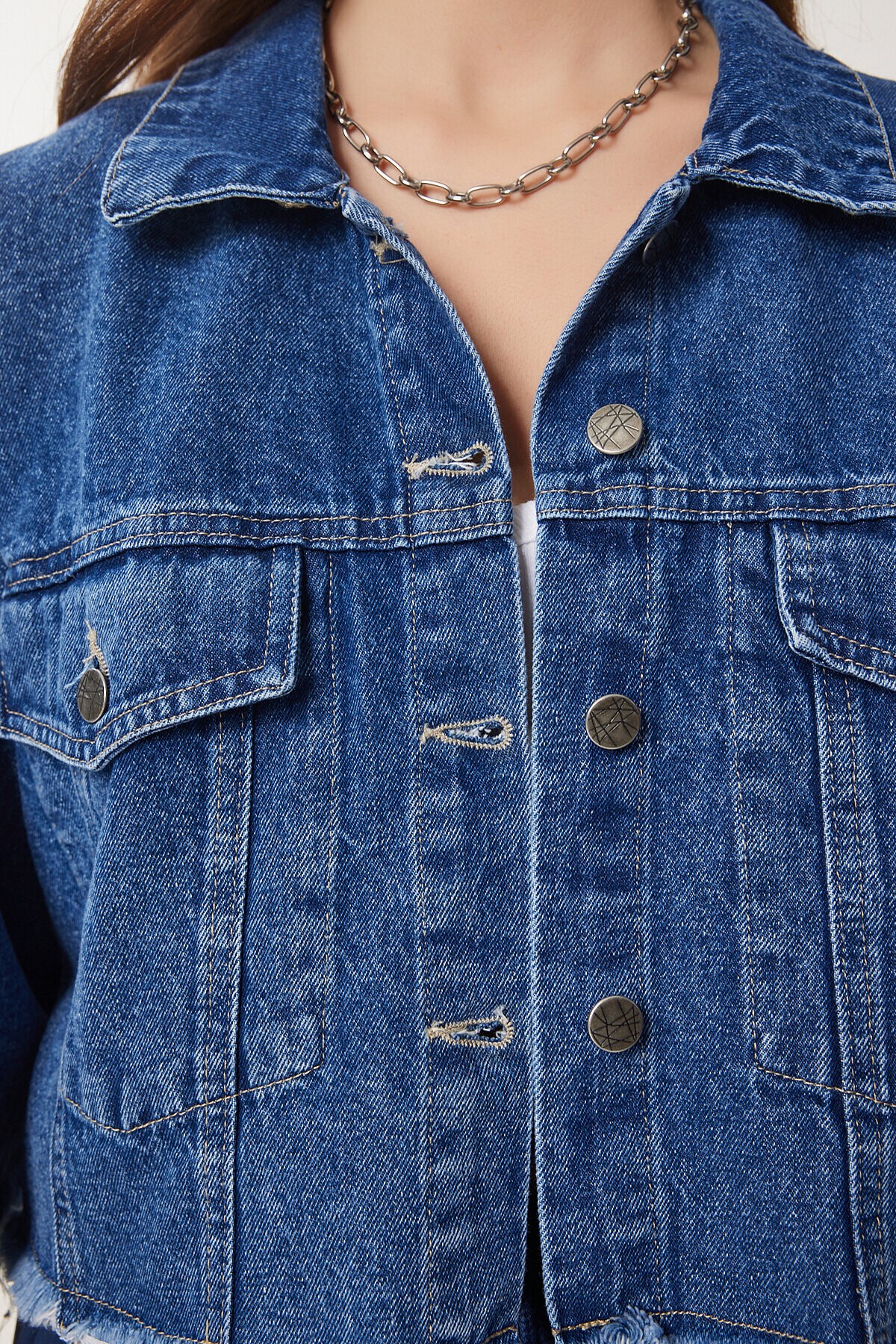Püskül Detaylı Denim Crop Ceket MAVİ LAN0014
