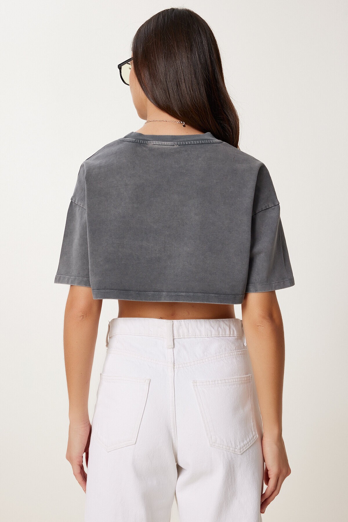 Soluk Efektli Pamuklu Crop Örme T-shirt ANTRASİT LBF0019