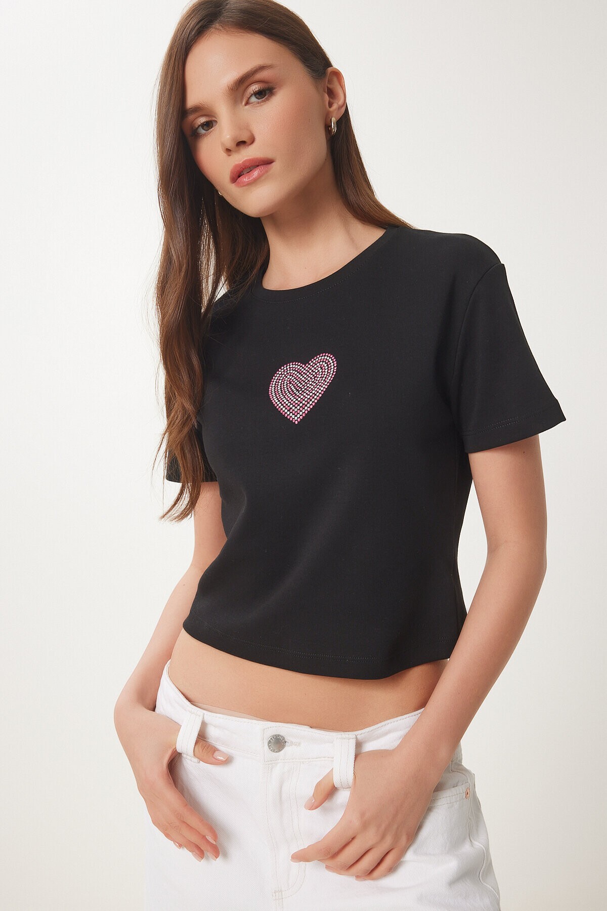 Taşlı Kalp Detaylı Crop Örme T-shirt SİYAH LBV0058