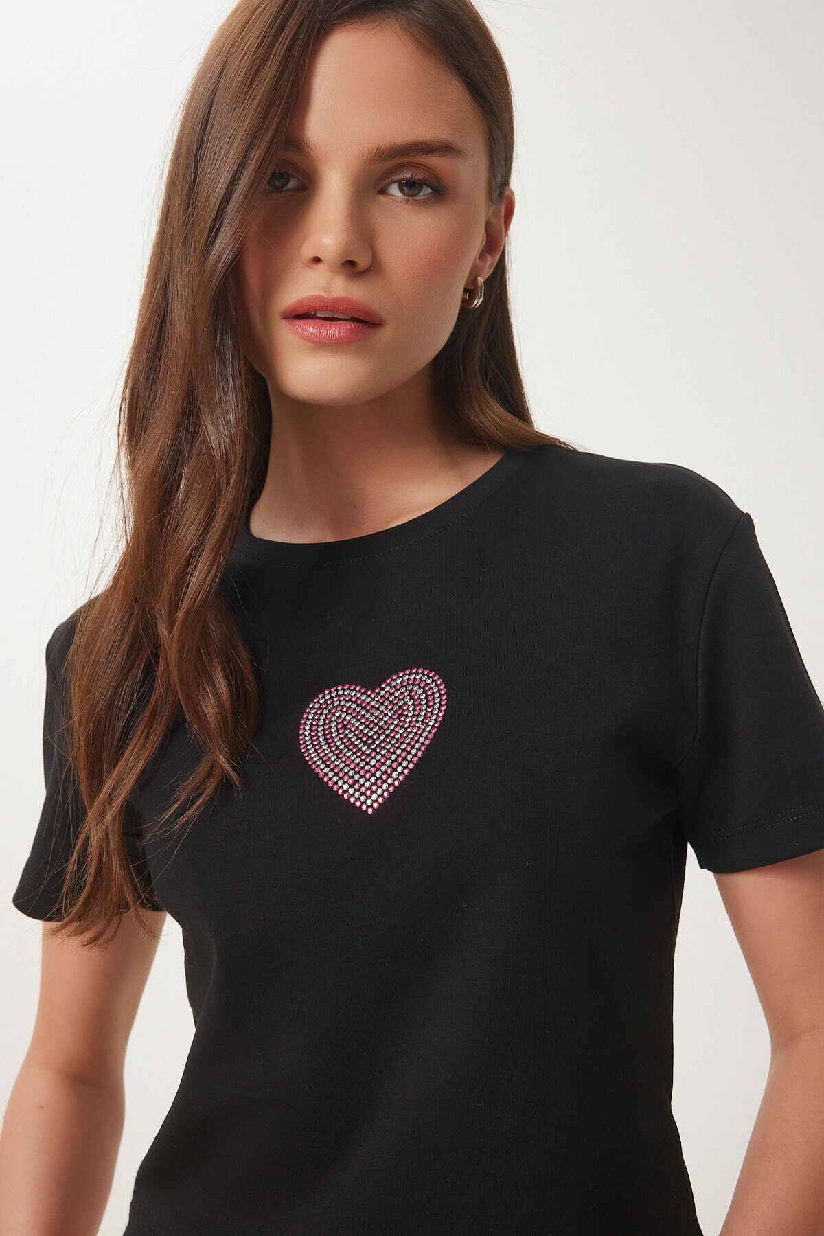 Taşlı Kalp Detaylı Crop Örme T-shirt SİYAH LBV0058