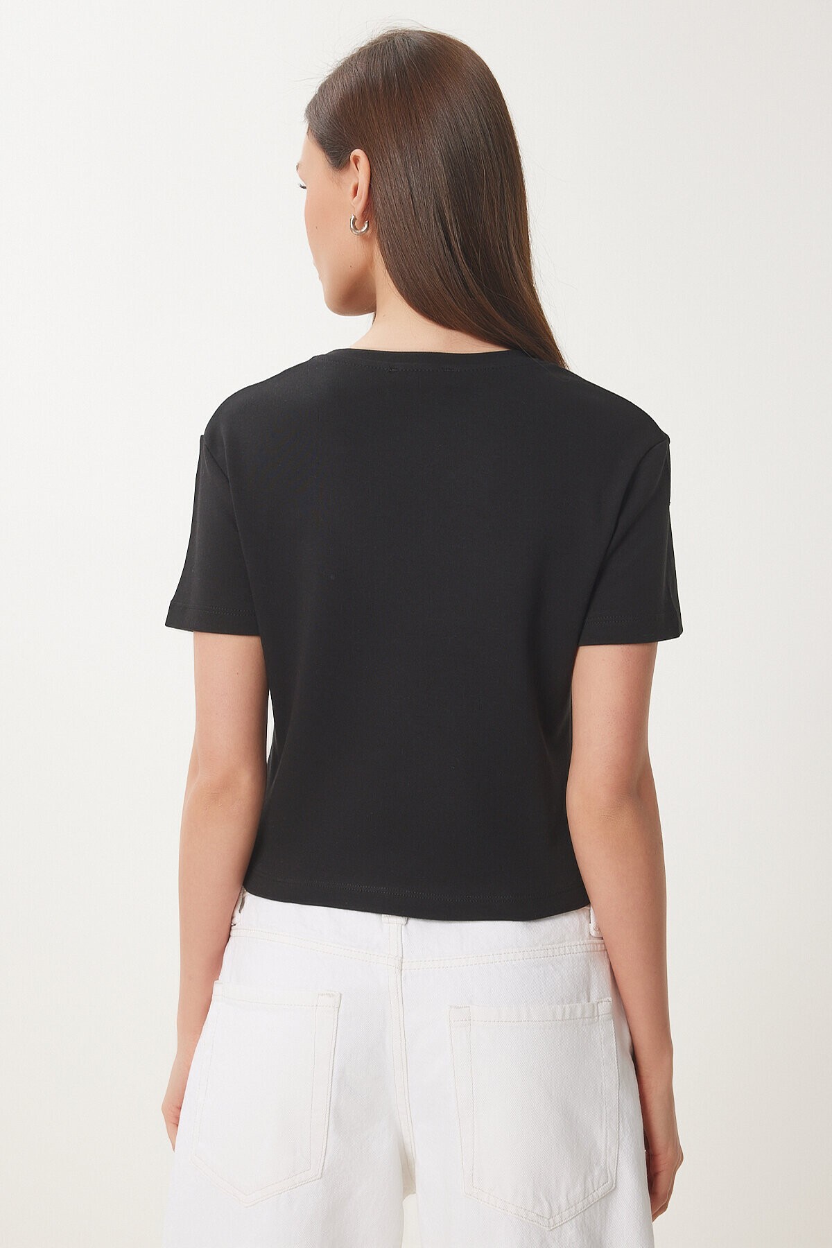 Taşlı Kalp Detaylı Crop Örme T-shirt SİYAH LBV0058