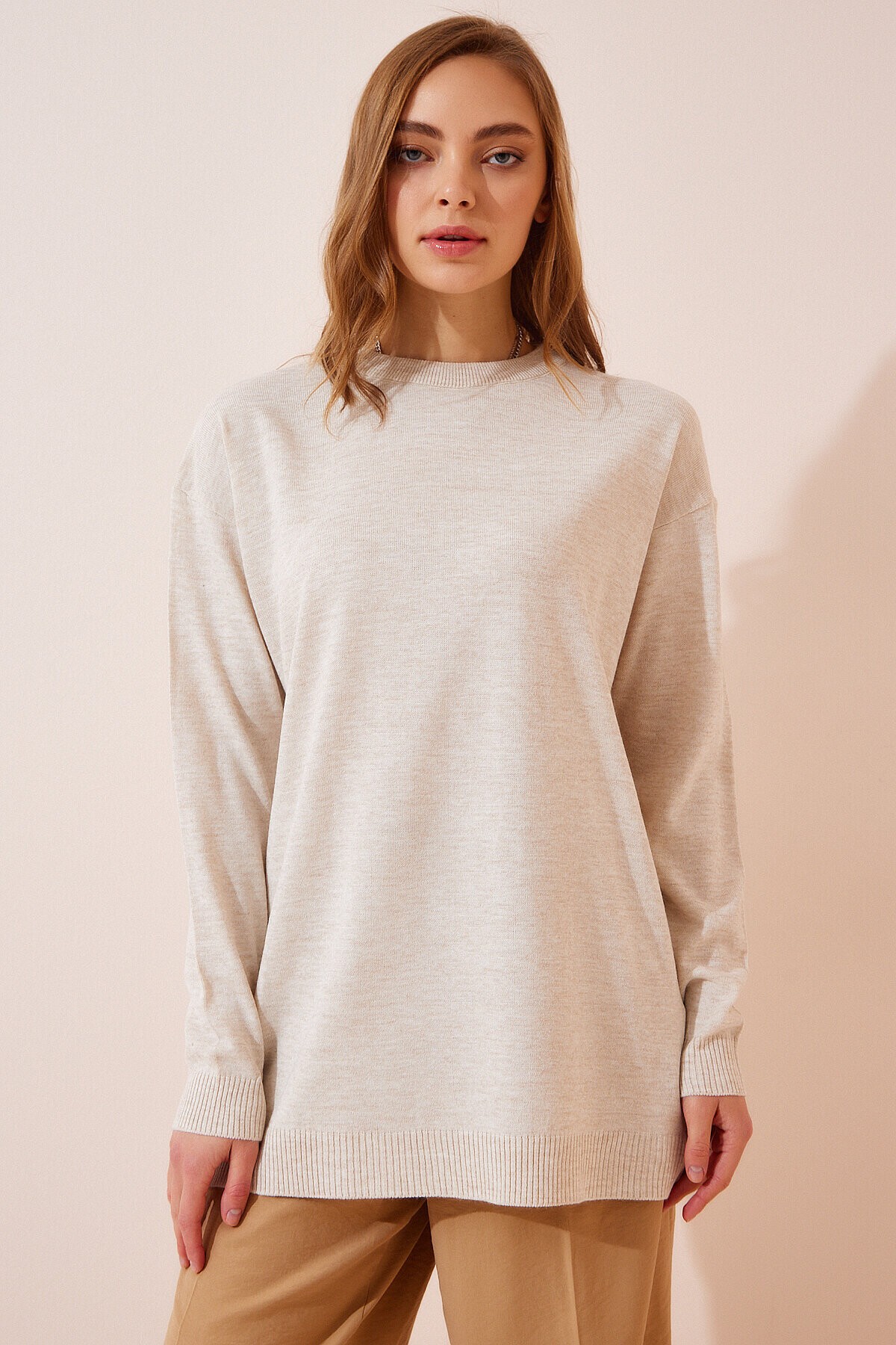 Uzun Oversize Triko Kazak BEJ LBV0036