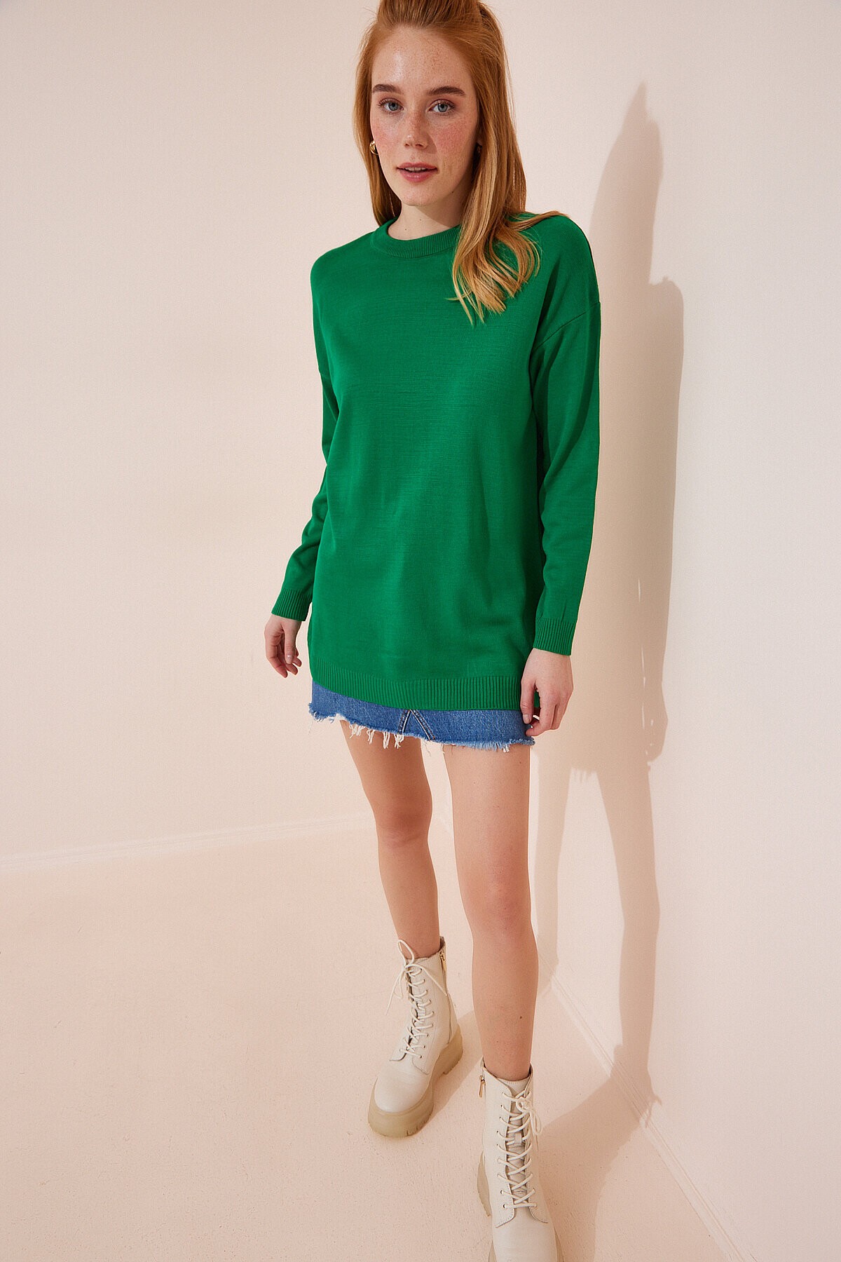 Uzun Oversize Triko Kazak CANLI YEŞİL LBV0036
