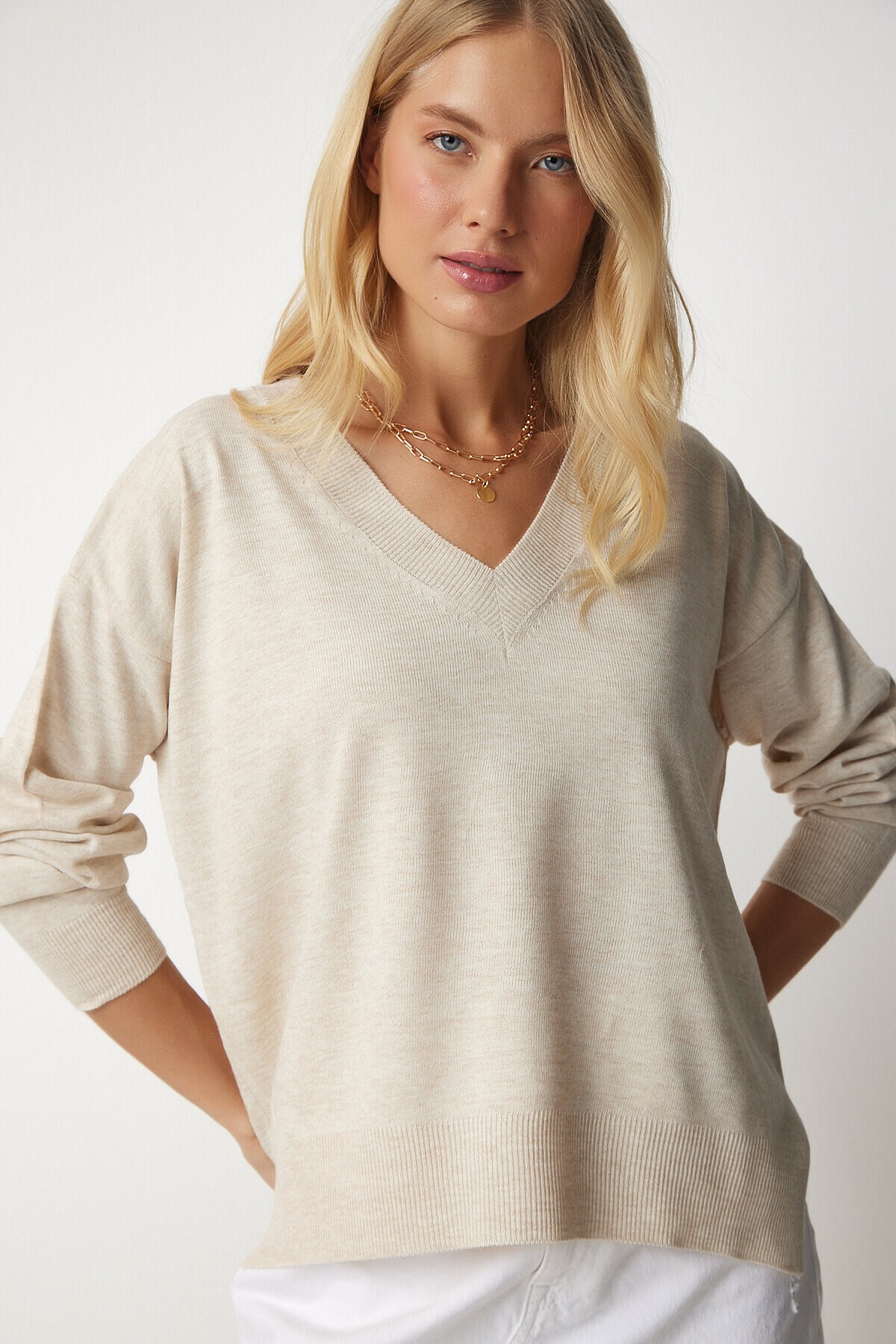 V Yaka Oversize Triko Kazak KREM LBV0026
