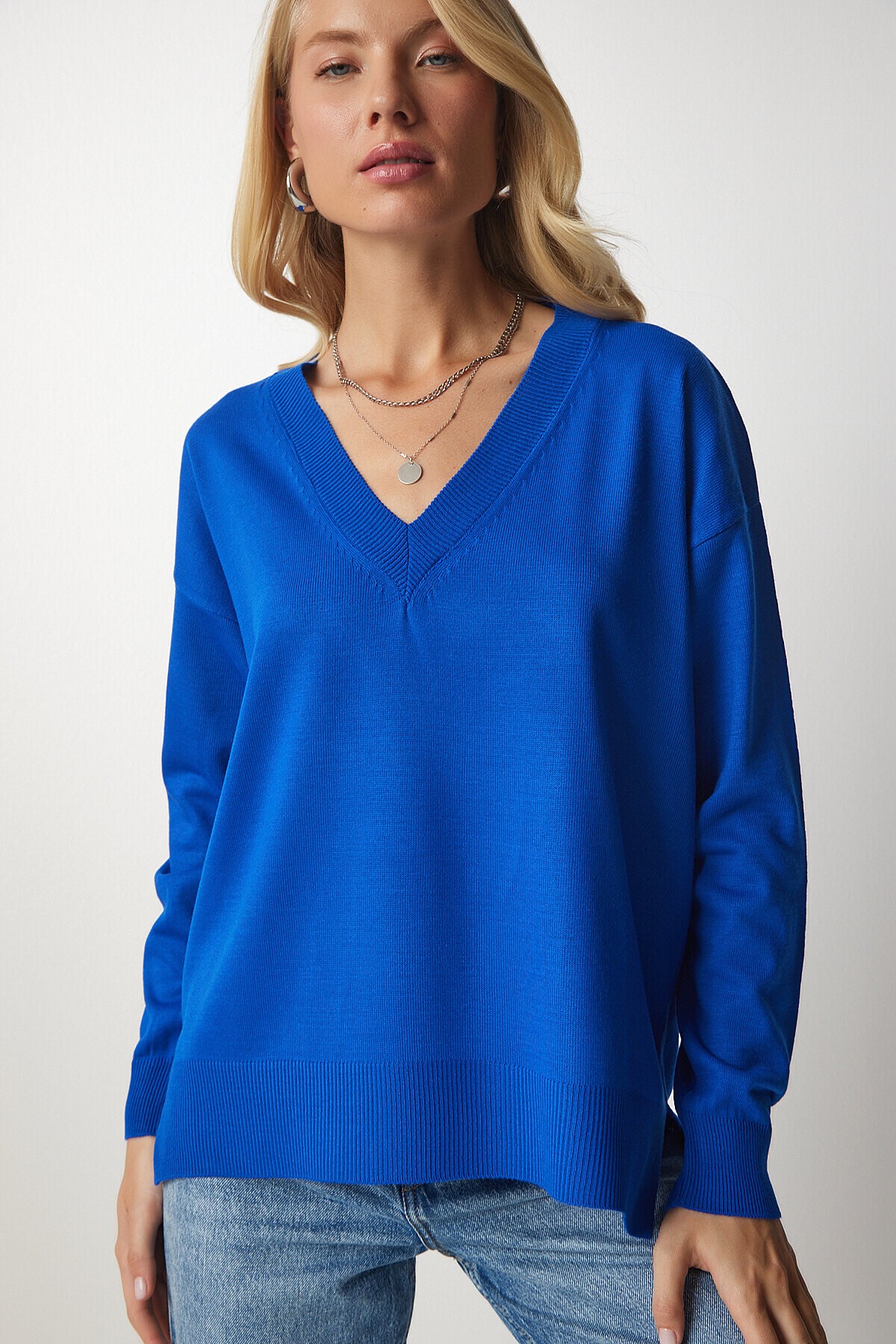 V Yaka Oversize Triko Kazak MAVİ LBV0026
