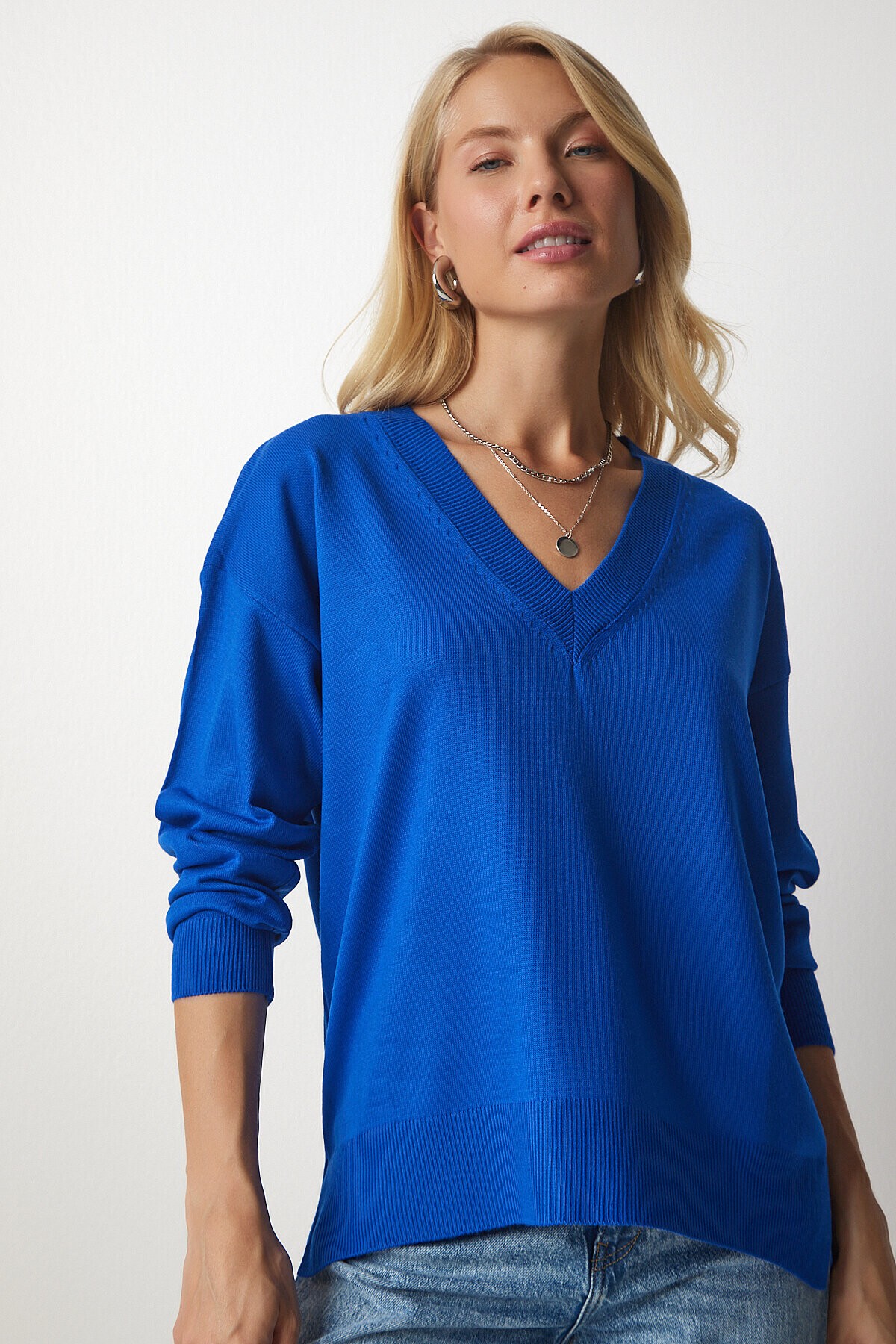 V Yaka Oversize Triko Kazak MAVİ LBV0026
