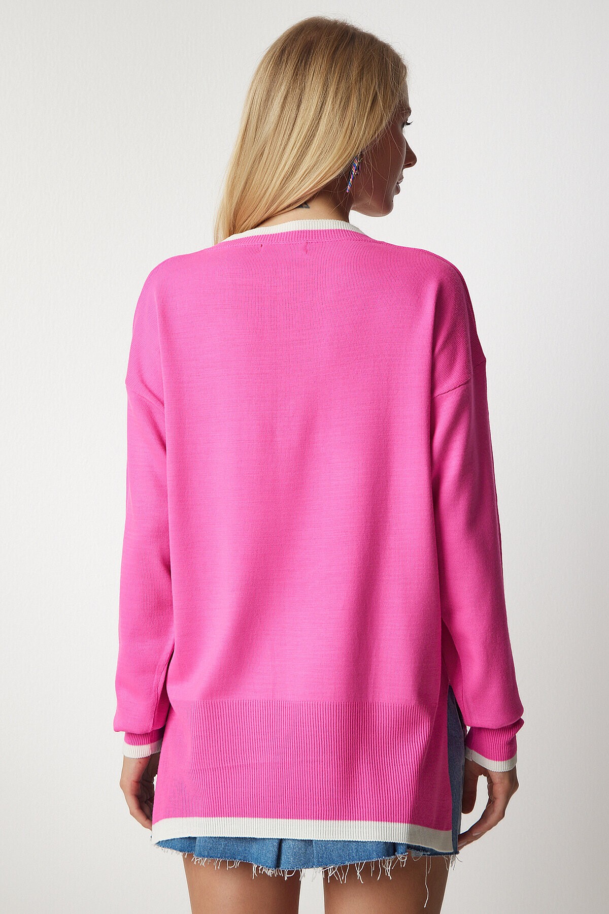 V Yaka Oversize Triko Kazak PEMBE LBV0022