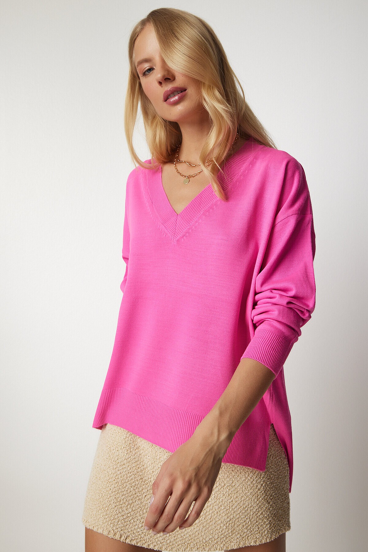 V Yaka Oversize Triko Kazak PEMBE LBV0026