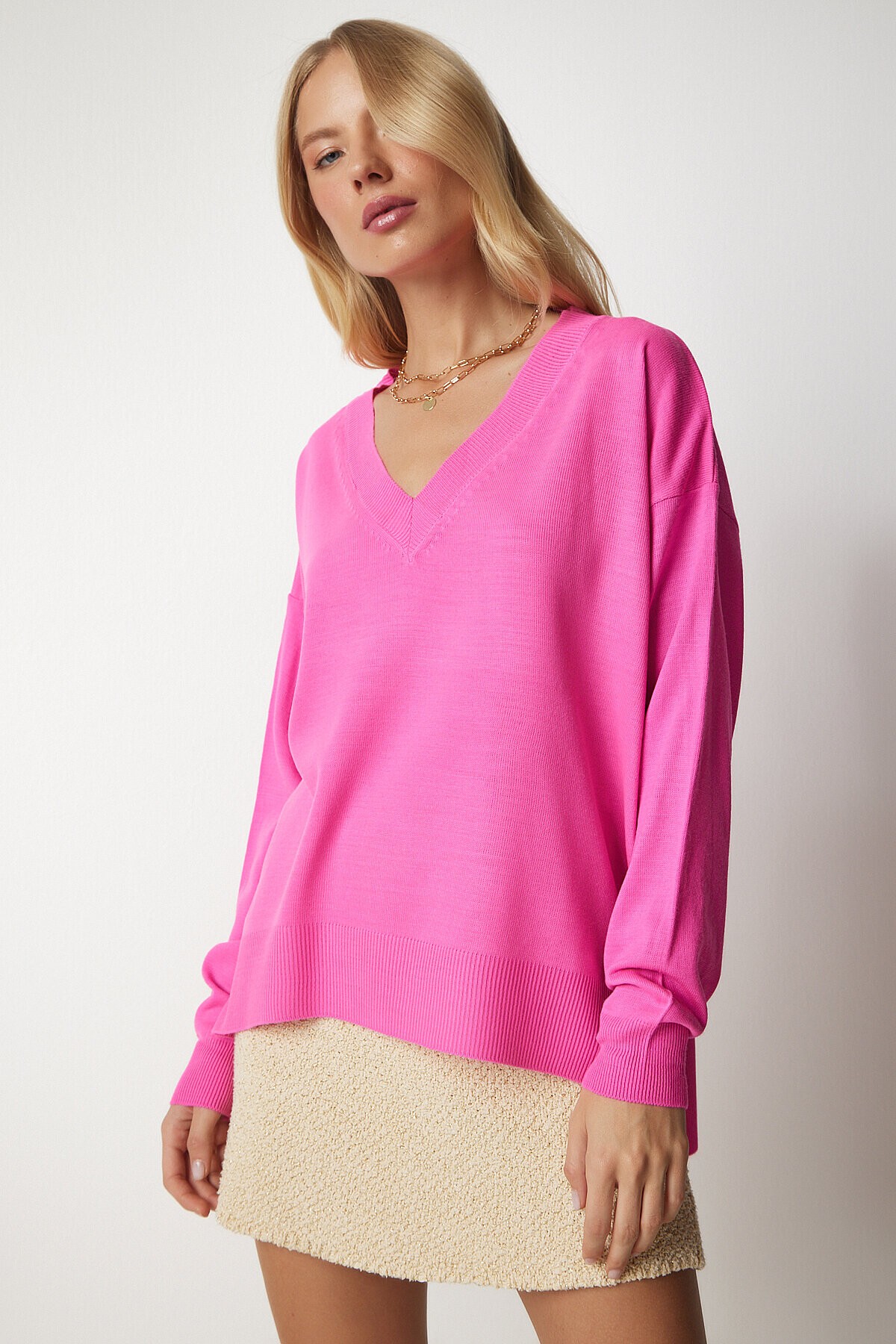 V Yaka Oversize Triko Kazak PEMBE LBV0026