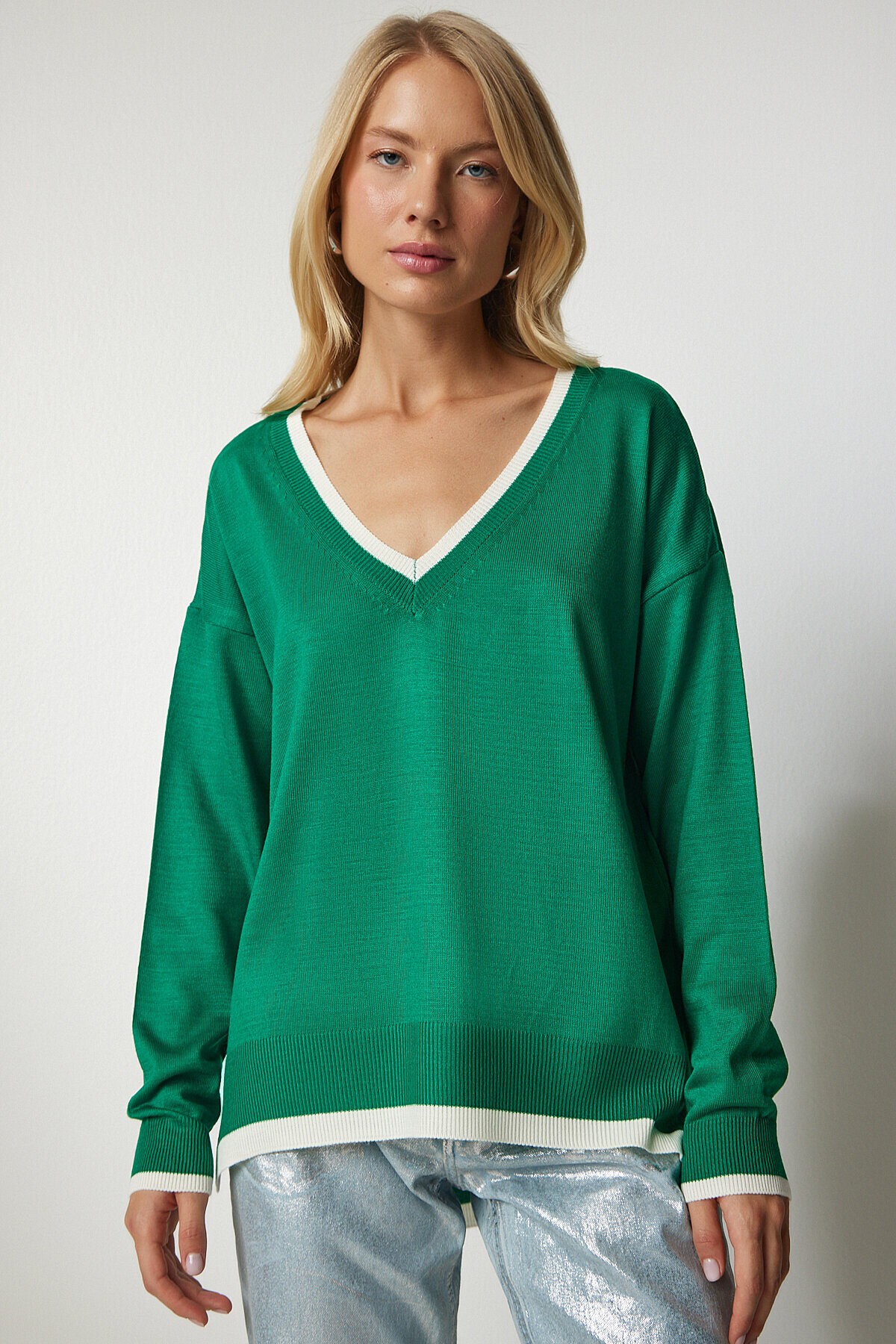 V Yaka Oversize Triko Kazak YEŞİL LBV0022