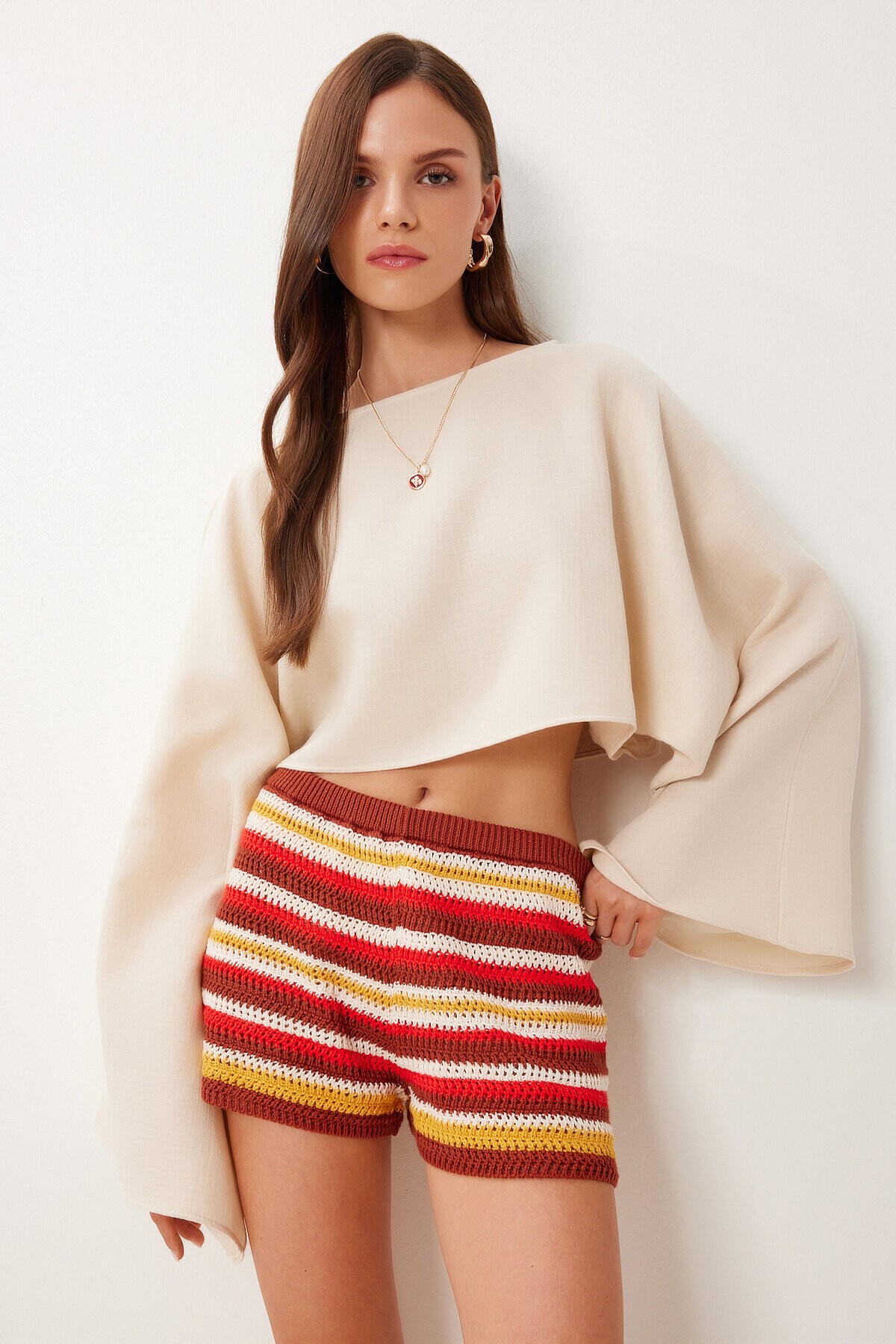 Yarasa Kollu Crop Müslin Bluz KREM HRG0001