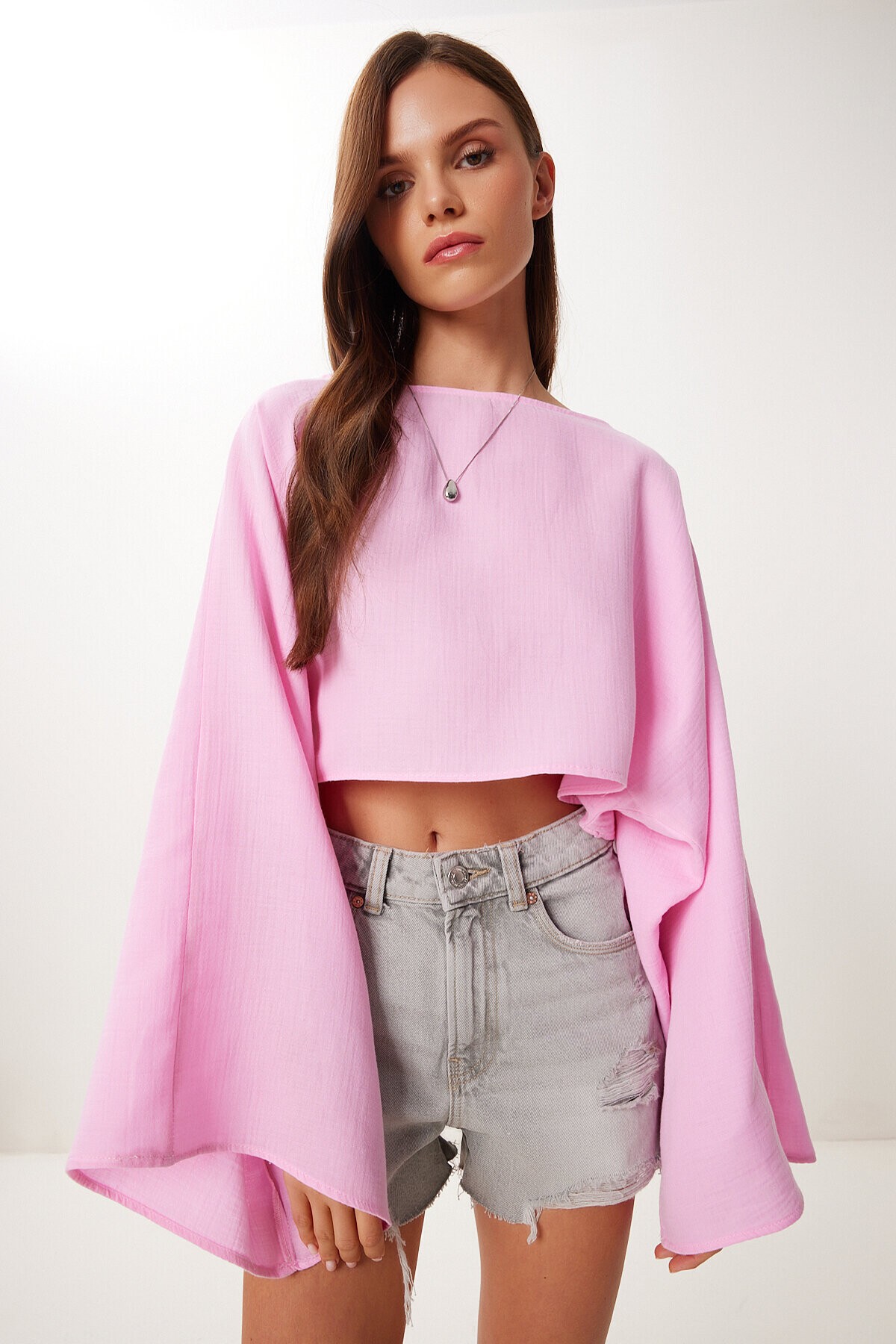 Yarasa Kollu Crop Müslin Bluz PEMBE HRG0001