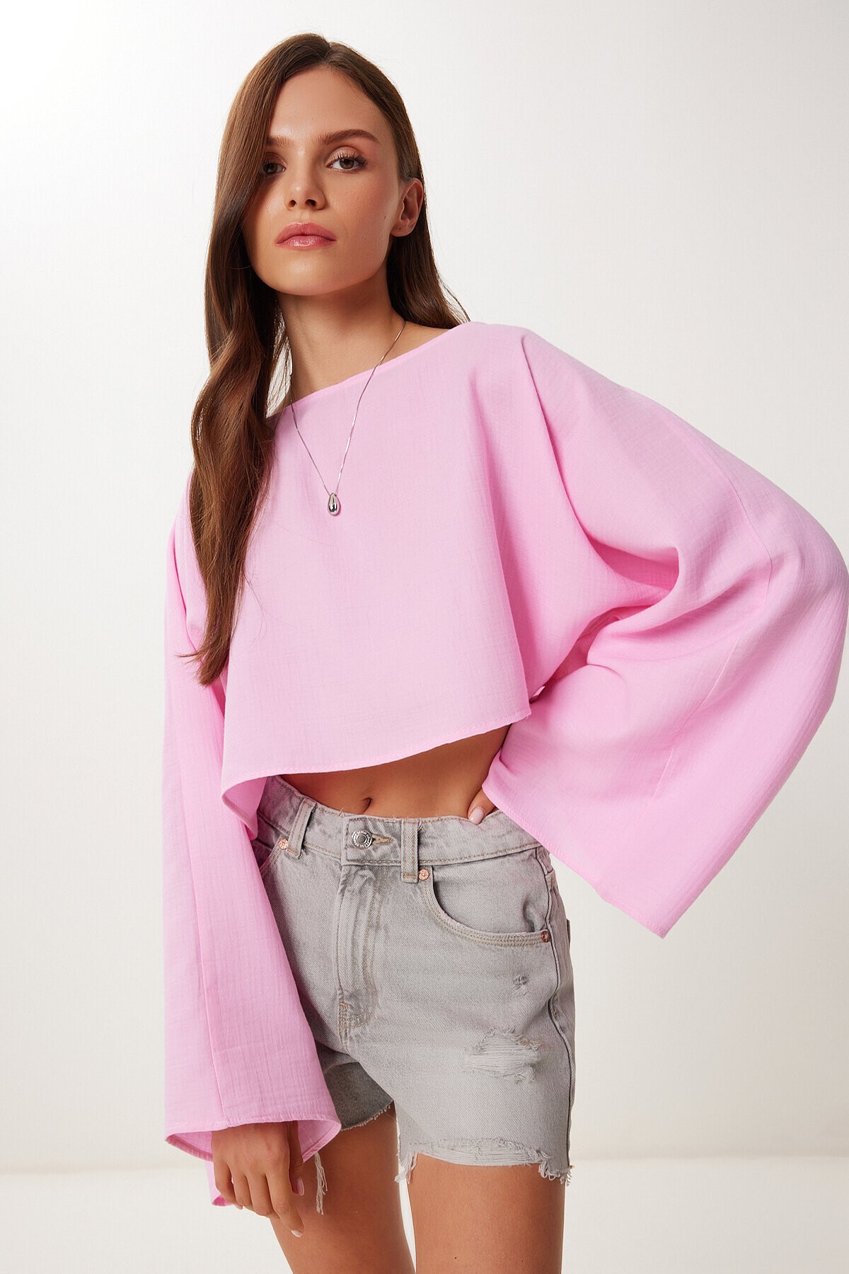 Yarasa Kollu Crop Müslin Bluz PEMBE HRG0001