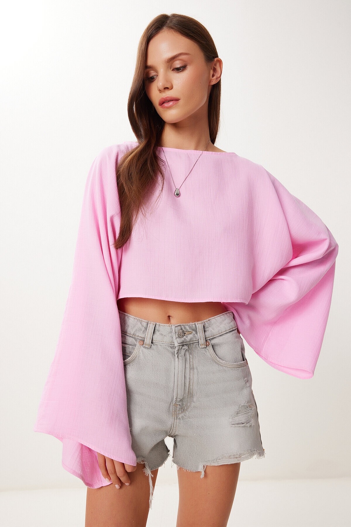 Yarasa Kollu Crop Müslin Bluz PEMBE HRG0001