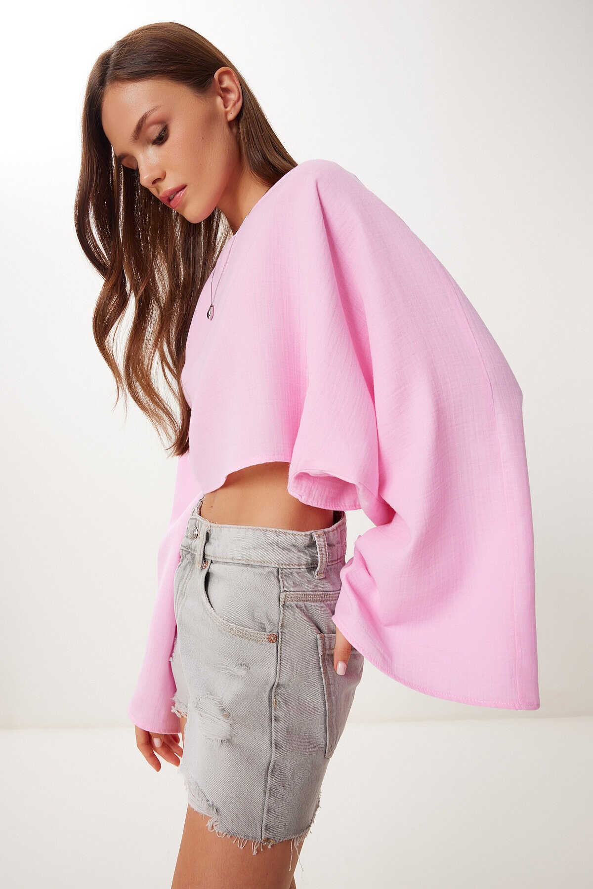 Yarasa Kollu Crop Müslin Bluz PEMBE HRG0001