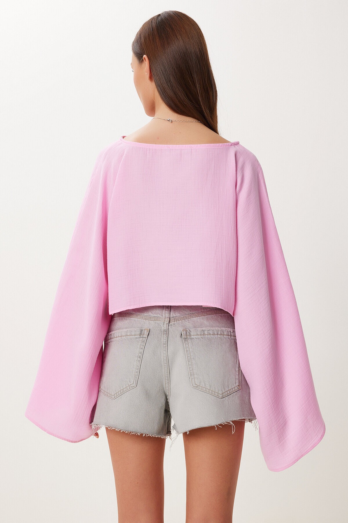Yarasa Kollu Crop Müslin Bluz PEMBE HRG0001