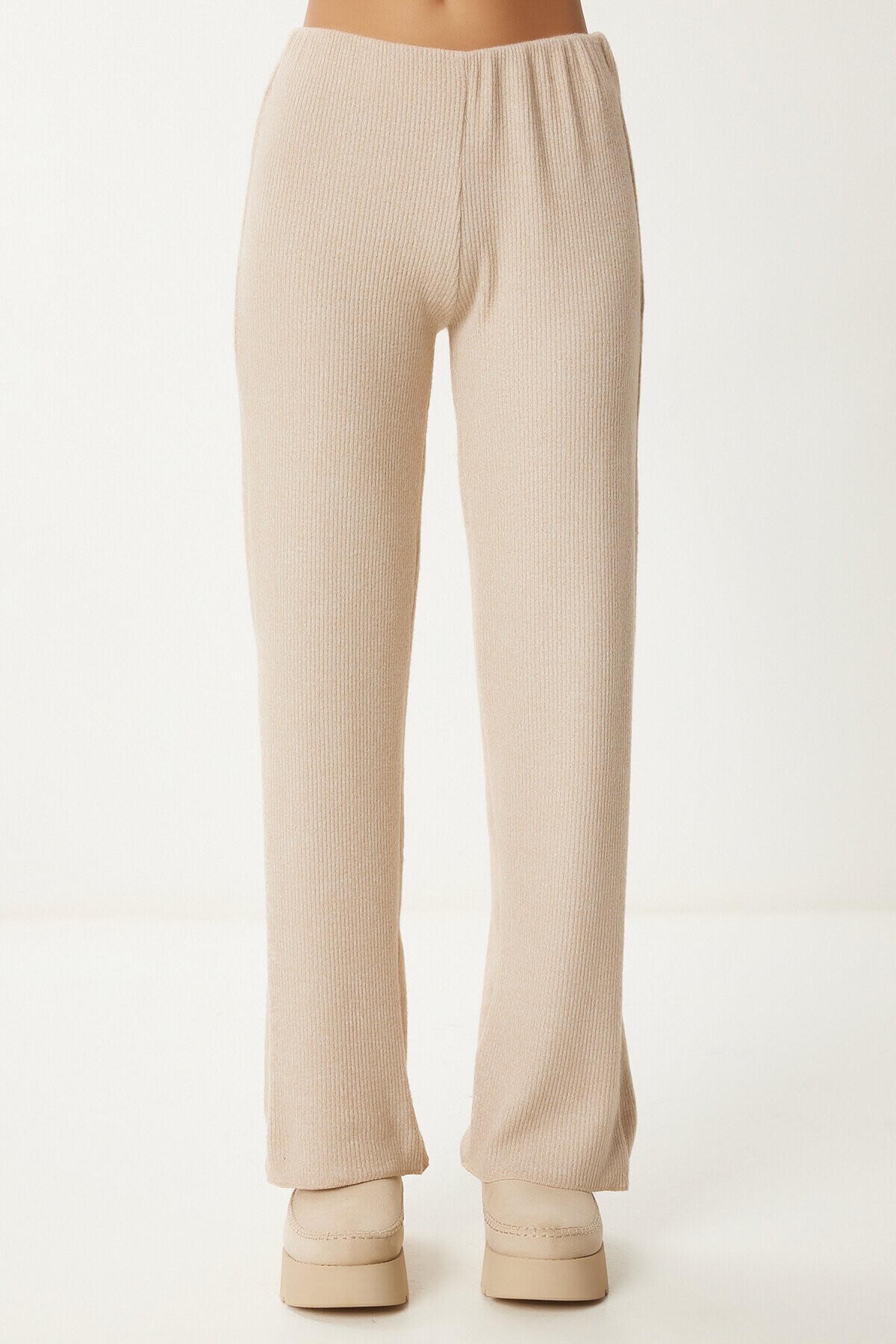 Yumoş Crop Bol Pantolon Örme Takım BEJ LAN0022
