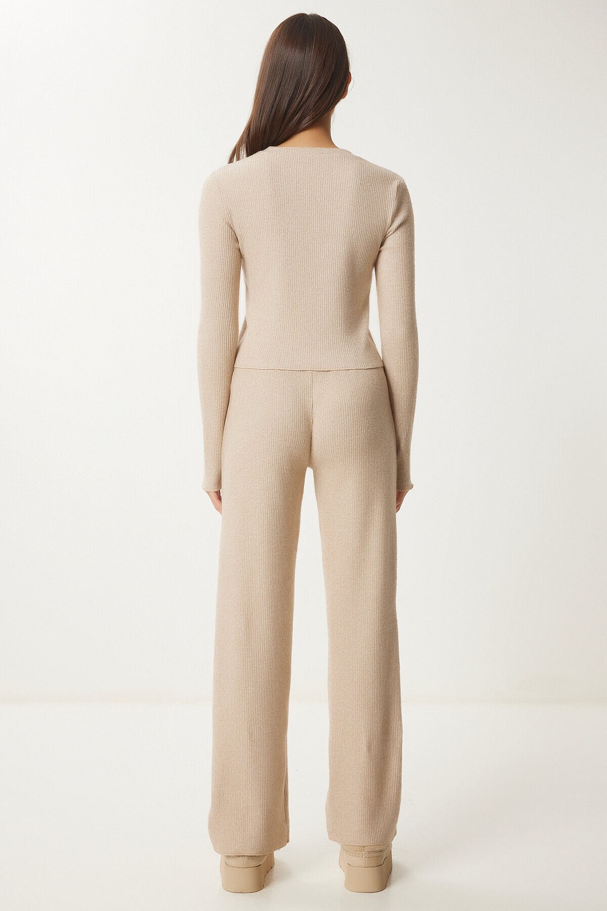 Yumoş Crop Bol Pantolon Örme Takım BEJ LAN0022