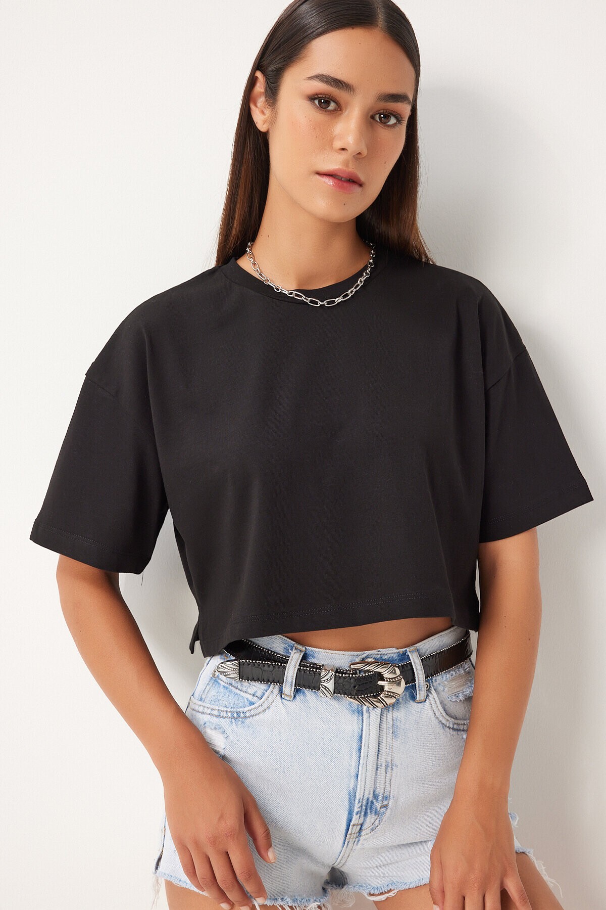 %100 Pamuk Oversize Crop Örme T-shirt SİYAH LBP0022