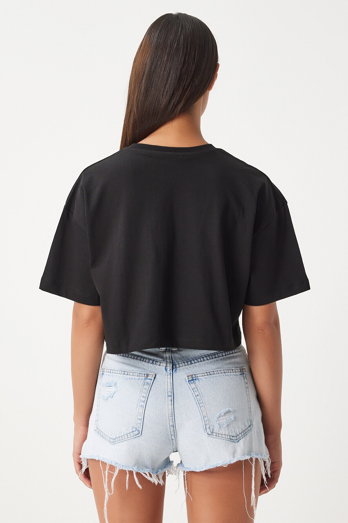 %100 Pamuk Oversize Crop Örme T-shirt SİYAH LBP0022