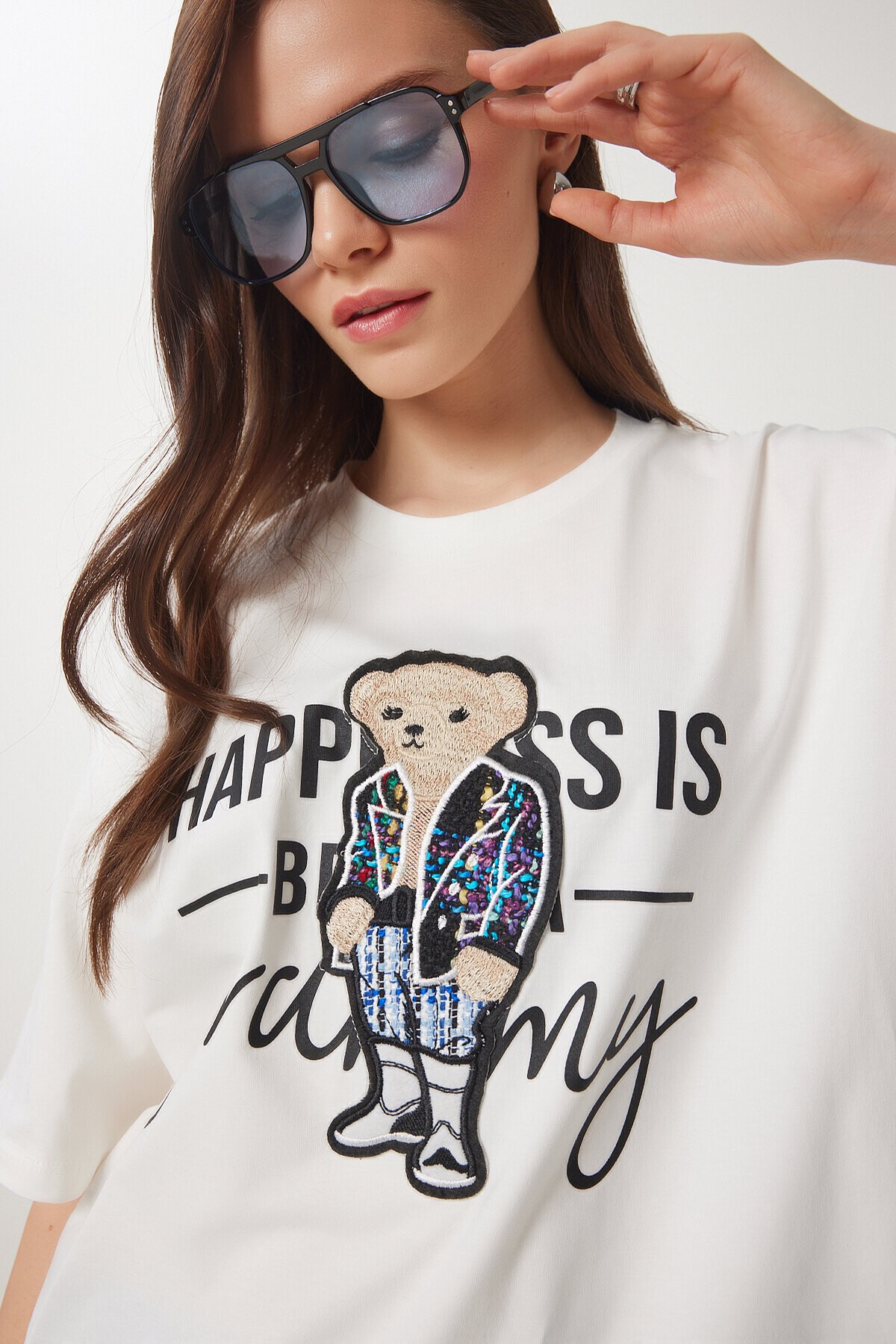 Ayıcık Armalı Pamuklu Oversize Örme T-shirt EKRU LCR0035