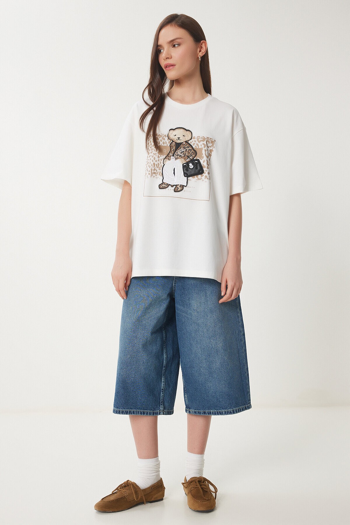 Ayıcık Armalı Pamuklu Oversize Örme T-shirt EKRU LCR0038