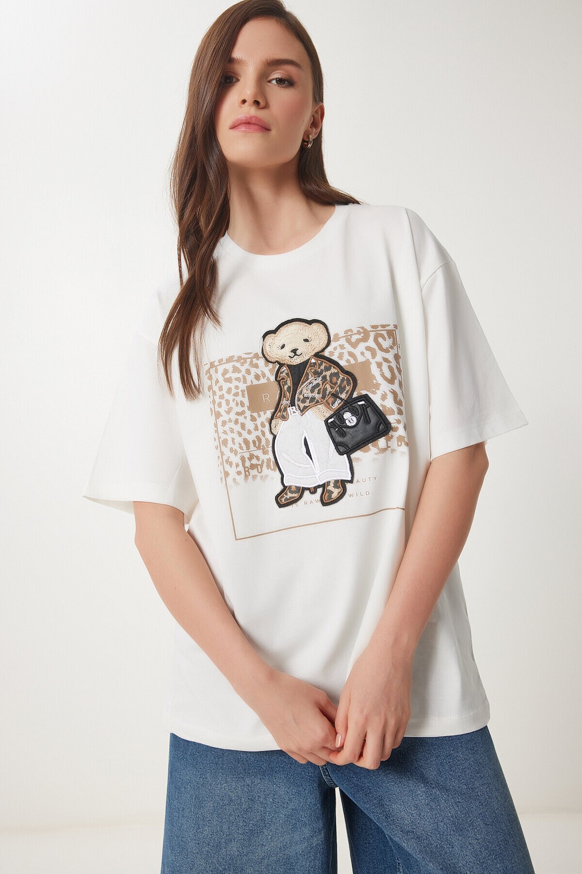 Ayıcık Armalı Pamuklu Oversize Örme T-shirt EKRU LCR0038