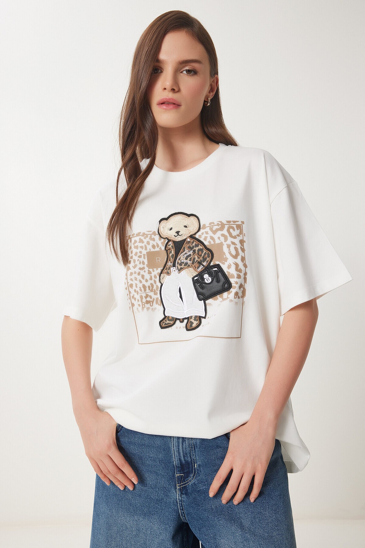Ayıcık Armalı Pamuklu Oversize Örme T-shirt EKRU LCR0038