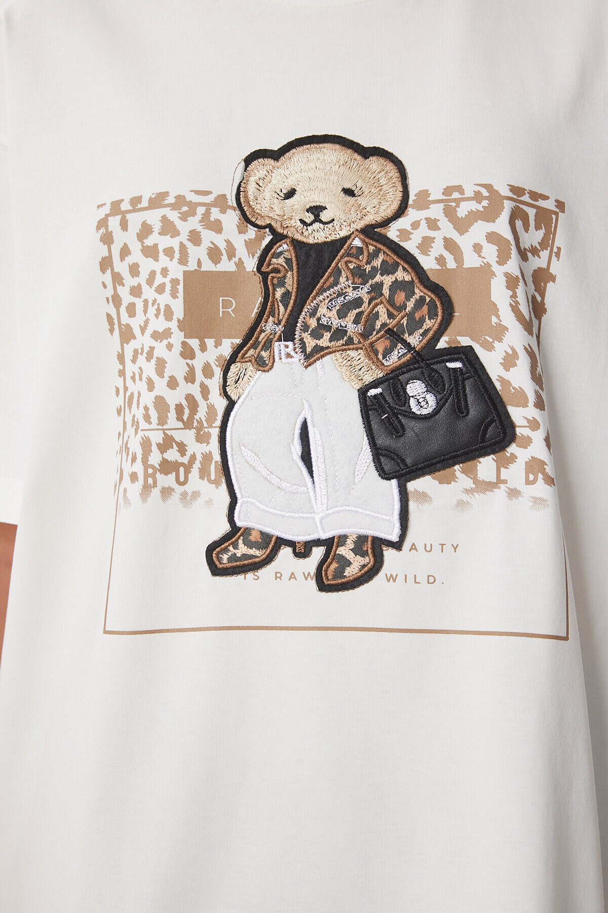 Ayıcık Armalı Pamuklu Oversize Örme T-shirt EKRU LCR0038