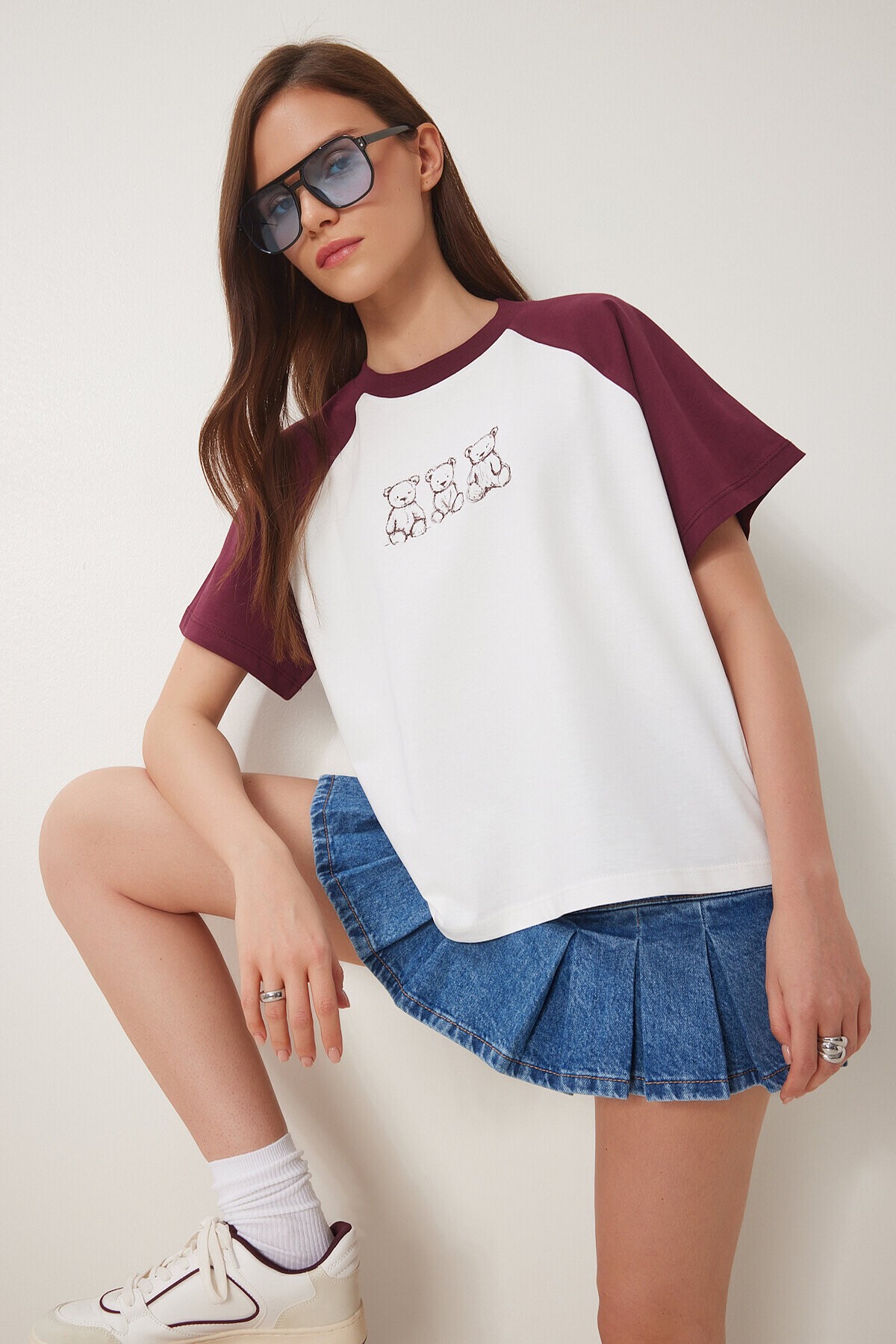 Ayıcık Baskılı Pamuklu Örme T-shirt BORDO KEMİK LCR0055