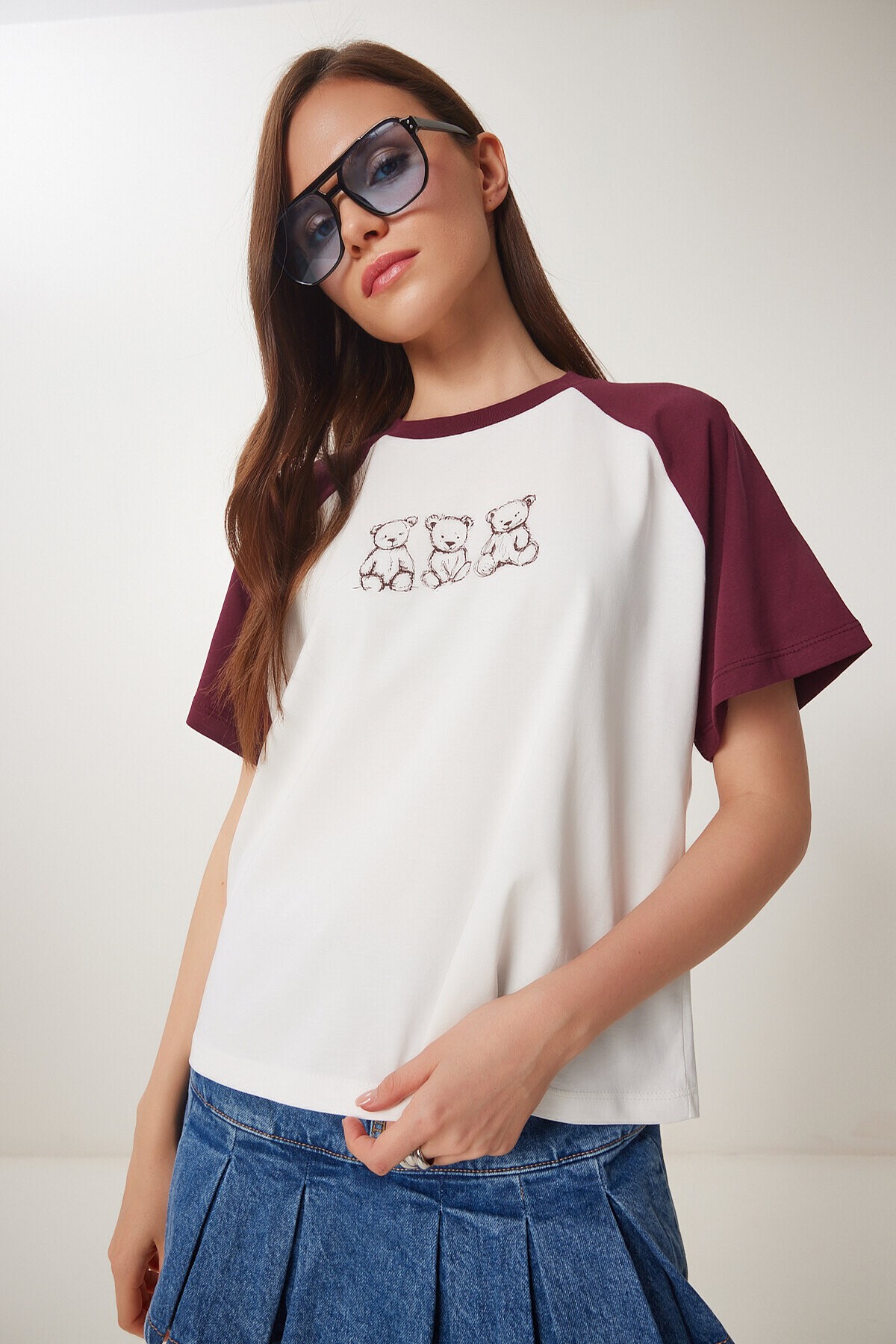 Ayıcık Baskılı Pamuklu Örme T-shirt BORDO KEMİK LCR0055